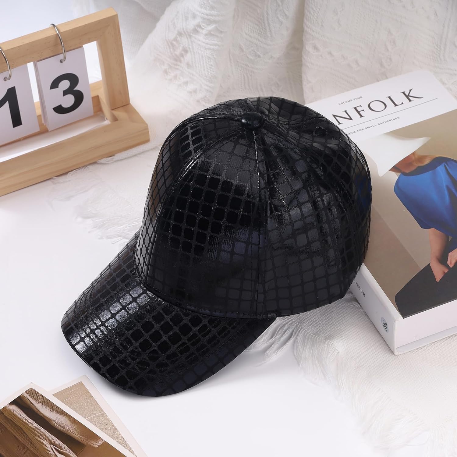 MILAKOO Punk Leather Baseball Cap for Men & Women Vintage Plaid Textured Design Sun Hat for Outdoor Daily Wear - Image 2