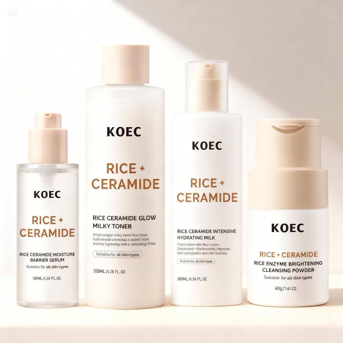 Rice Korean Skincare Set, 4-Step Routine with Face Wash, Toner Mist, Hyaluronic Acid Serum & Moisturizing Cream for Hydration, Smooth & Radiant Glass Skin
