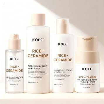 Rice Korean Skincare Set, 4-Step Routine with Face Wash, Toner Mist, Hyaluronic Acid Serum & Moisturizing Cream for Hydration, Smooth & Radiant Glass Skin