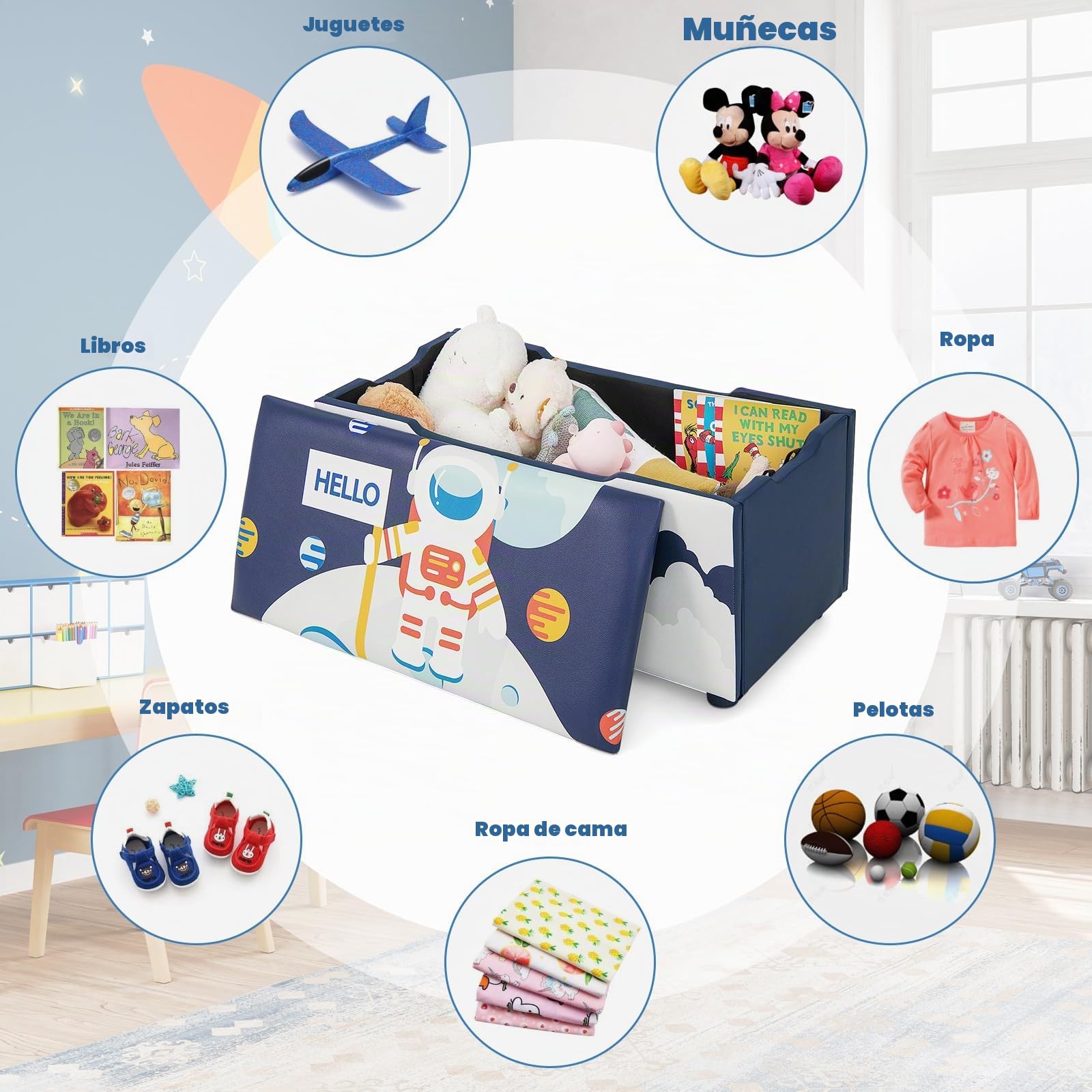 GOPLUS Caja de Almacenamiento 2 en 1 para Niños con Tapa Desmontable, Banco de Almacenamiento con Ranuras Antipinzamiento, Correa de Tracción, Caja de Almacenamiento, 75x36x38CM (Azul (astronauta))