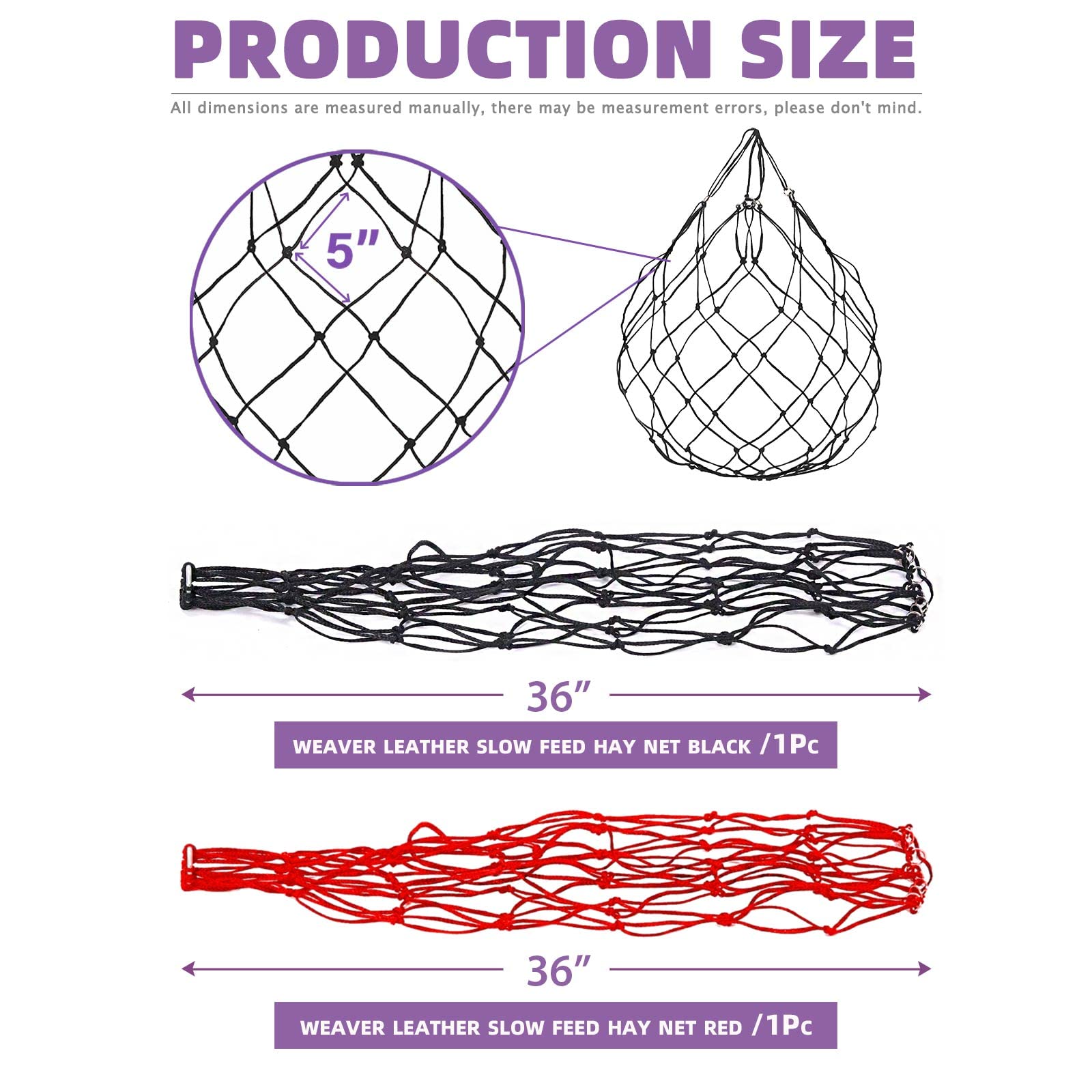 Swpeet 2Pcs 36 Inch Red and Black Slow Feed Hay Net Nylon Rope Hanging for Horses Adjustable Travel Feeder General Slow Hay Feeder Hay Nets with Ring On Top - Image 2