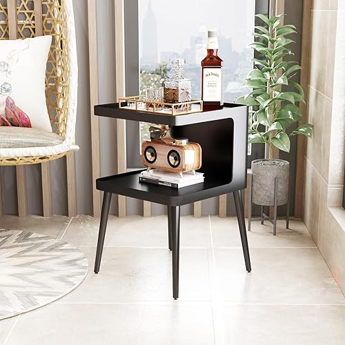 Miniatura 7 de Juego de 2 mesas auxiliares anidadas negras, mesa auxiliar moderna de vidrio templado, mesa auxiliar con marco de metal, mesa de vidrio chapado en