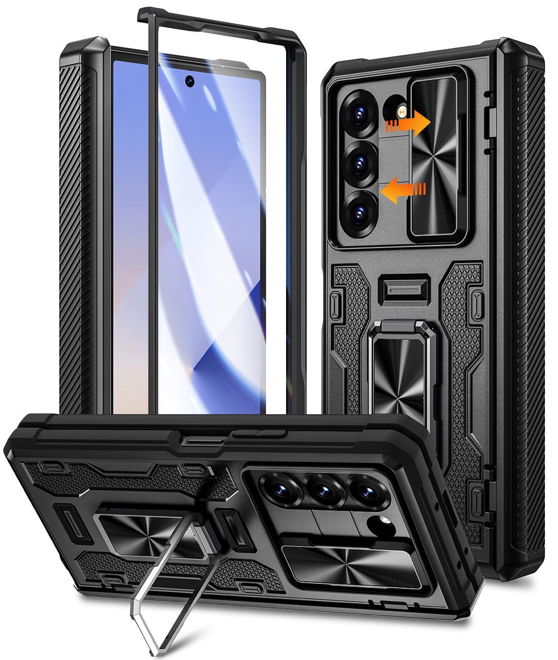 Caka Case for Galaxy Z Fold 6 - Full Body PC & TPU Dual Layer Shockproof Case with Ring Stand, Screen Protector, Hinge Protection & Slide Camera Cover, Black