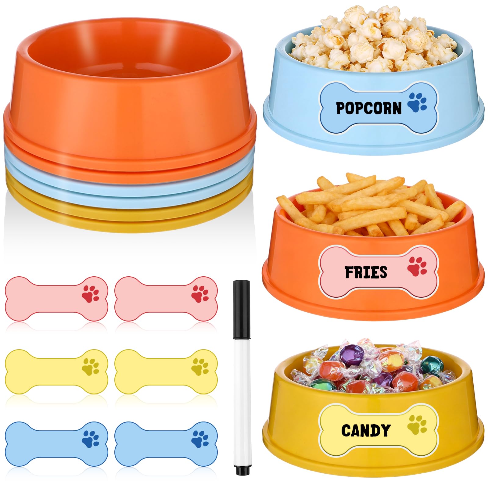 6 Pack Colourful Plastic Dog Bowl Shaped Snack Bowls Reusable Treat Serving Dishes with Blank Bone Labels & Marker Popcorn Fries Candy Party Food Trays for Movie Night Kids Birthday Party
