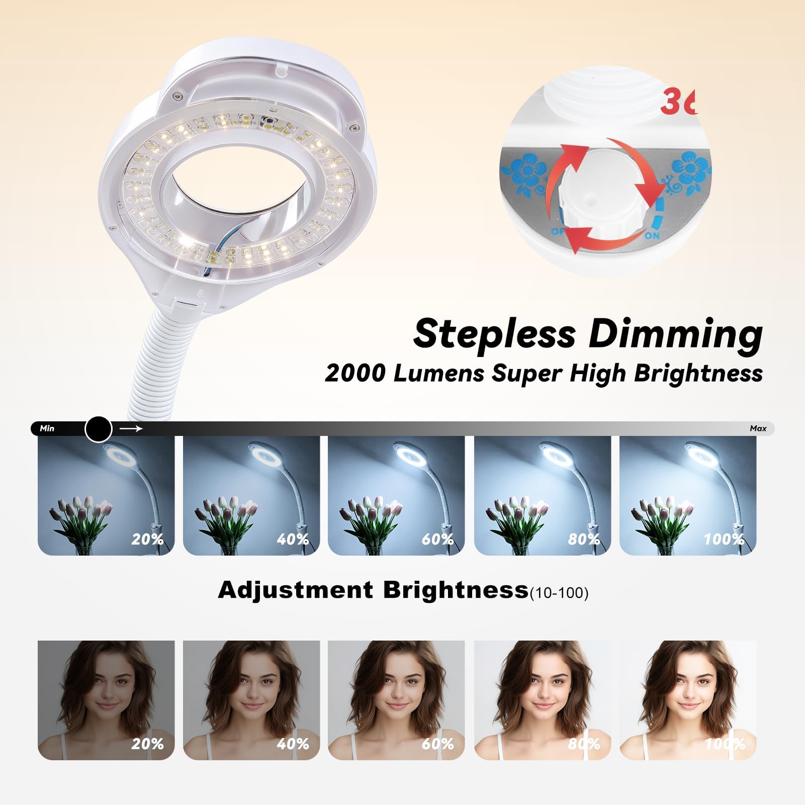 Lámpara de Pie con Lupa LED, Luz de Belleza Ajustable En Altura 8X, Luz con Soporte Rodante 360 ​​Grados Lampara Estetica Profesional para Injerto de Pestañas, Cuidado Salon Manicura y Tatuajes (EU)