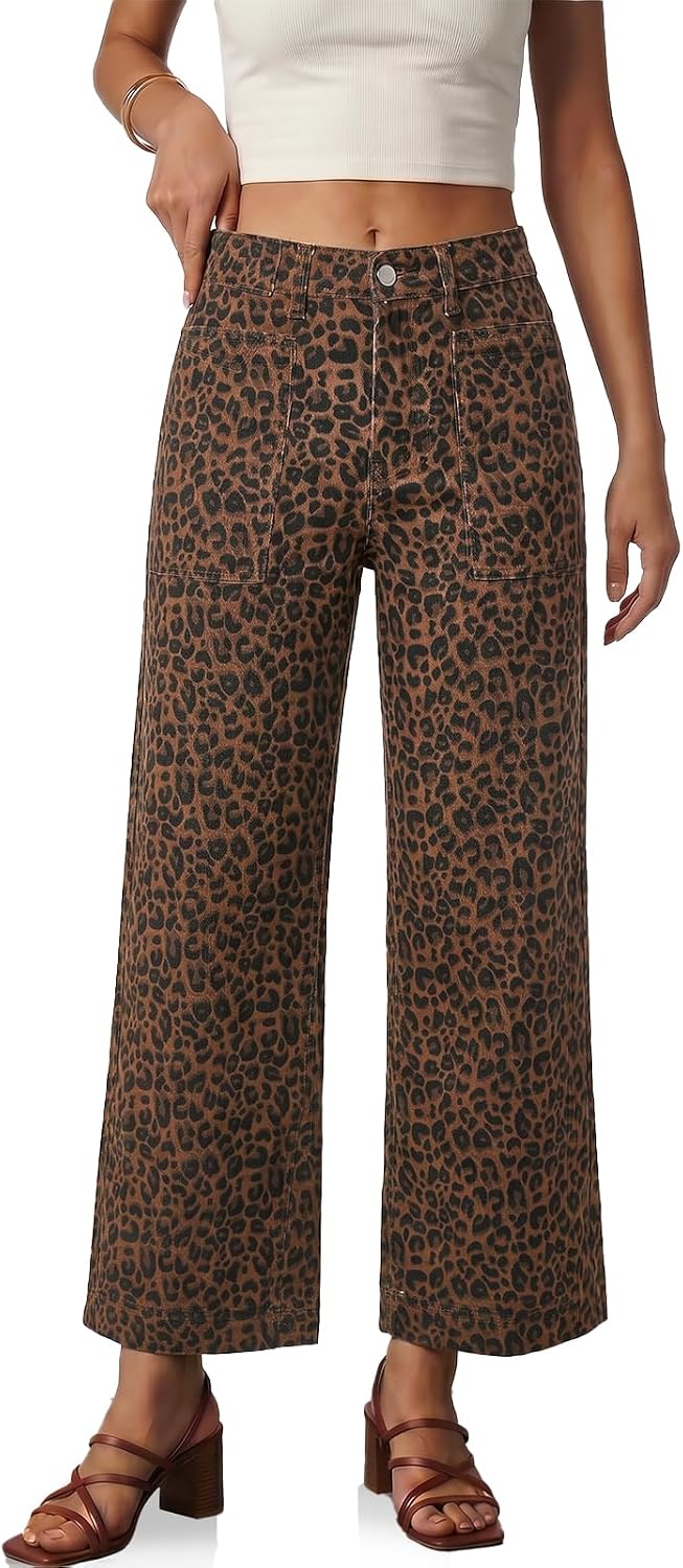 Flowyair Womens Wide Leg Jeans High Waisted Casual Cropped Denim Pants | cropped pants,denim pants,high waist,baggy jean pants,with pockets,zipper fly,loose fit