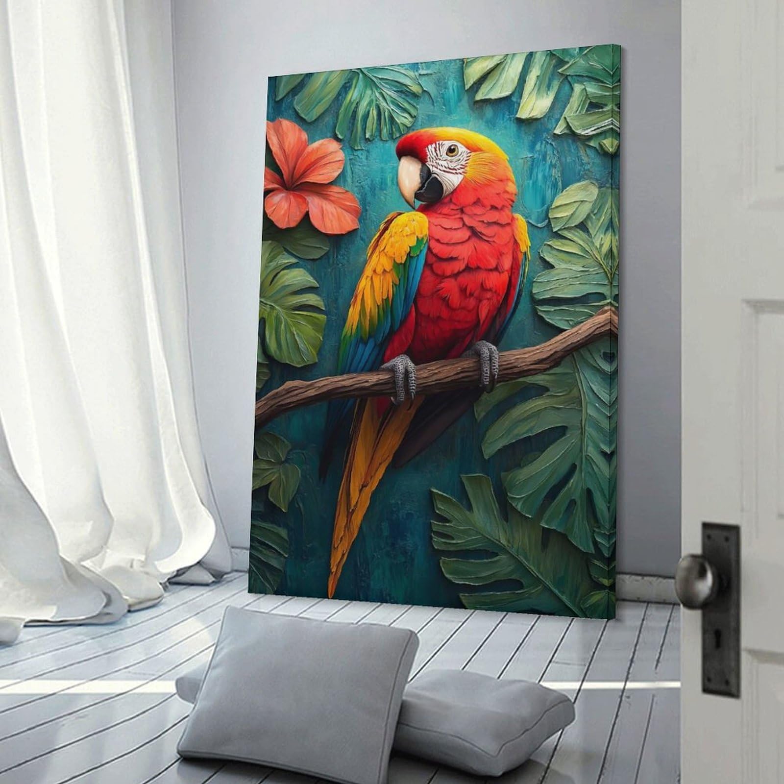 Junmoney Scarlet Macaw in Tropical Paradise Decorative Canvas Print 12x18inch(30x45cm), for Hallway, Bedroom Or Modern Interiors, Home Decor Gift with Stylish Appeal