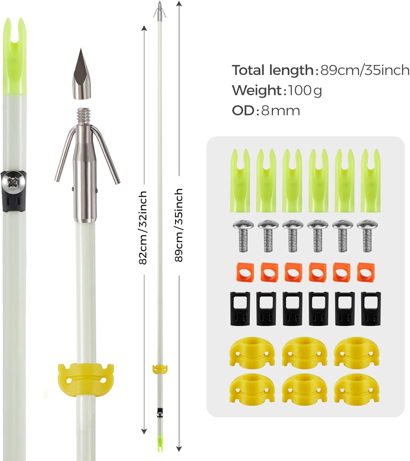 6 Pack 32 inch Bowfishing Arrows with Broadheads and Safty Slides Bow Fishing Arrow Luminous for Compound Bow Recurve Bow Fishing Hunting