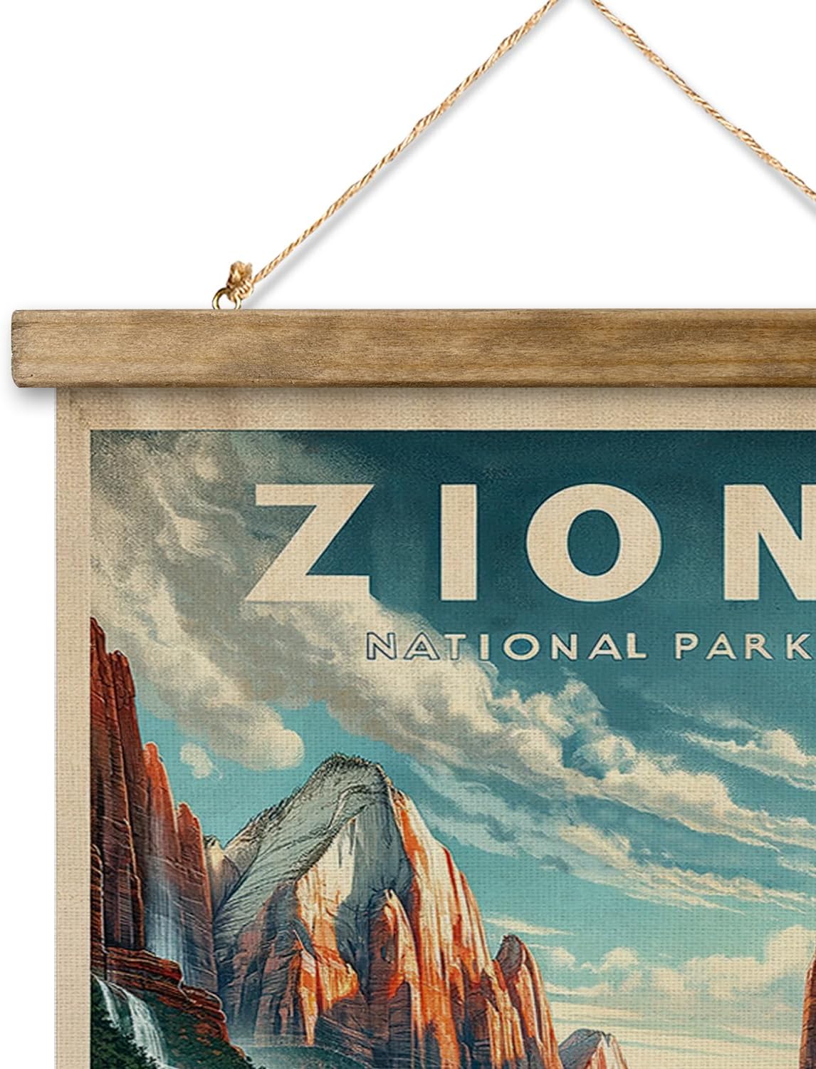 XIAOAIKA Vintage Zion National Park Travel Poster with Wooden Scroll Frame – Holiday Decoration or Gift for Living Room, Bedroom, Office Wall Decor, Retro Art Print 20 x 30 Inches