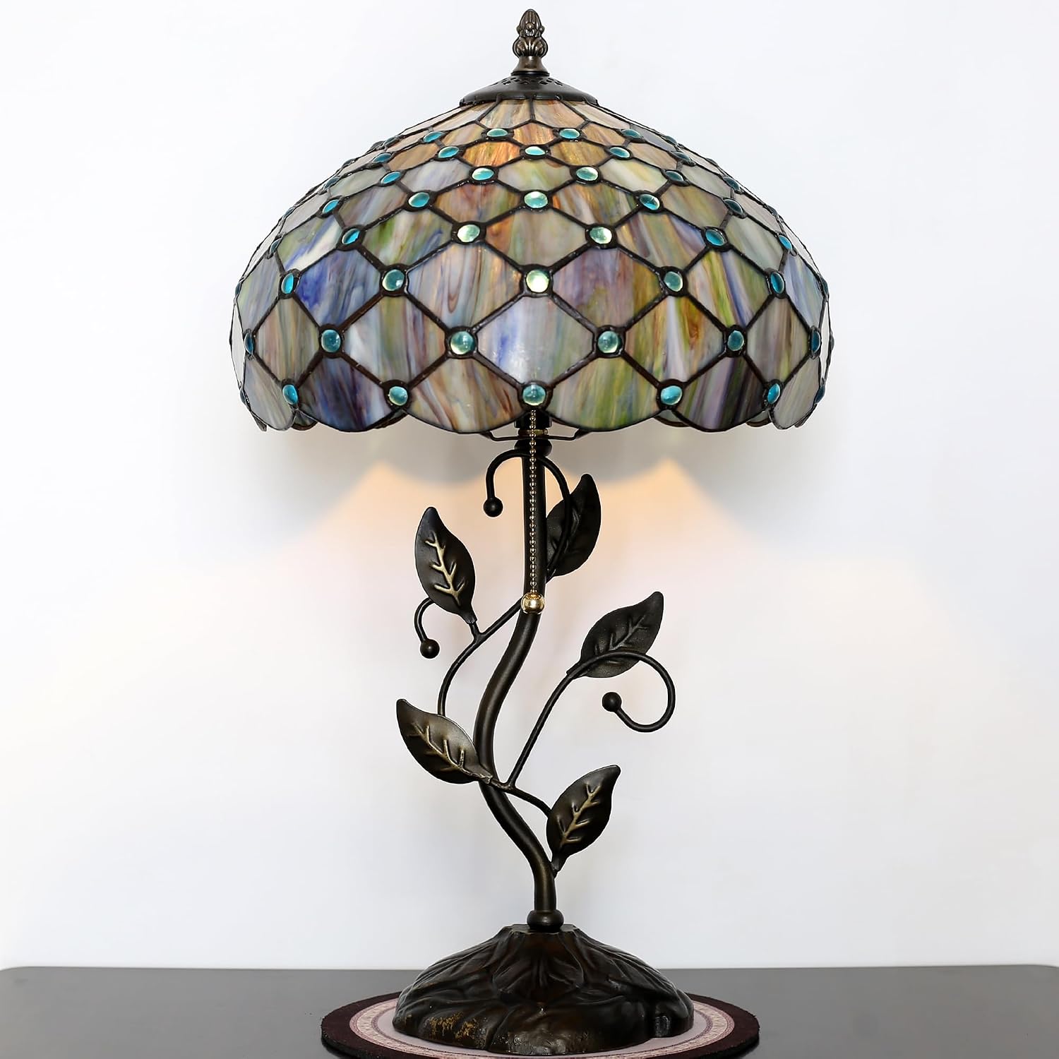 Tiffany Lamp Stained Glass Style Table Lamp Blue Beads Style Bedside Desk Reading Light W12H19 Inch Metal Leaf Base with Metal Leaf Base
