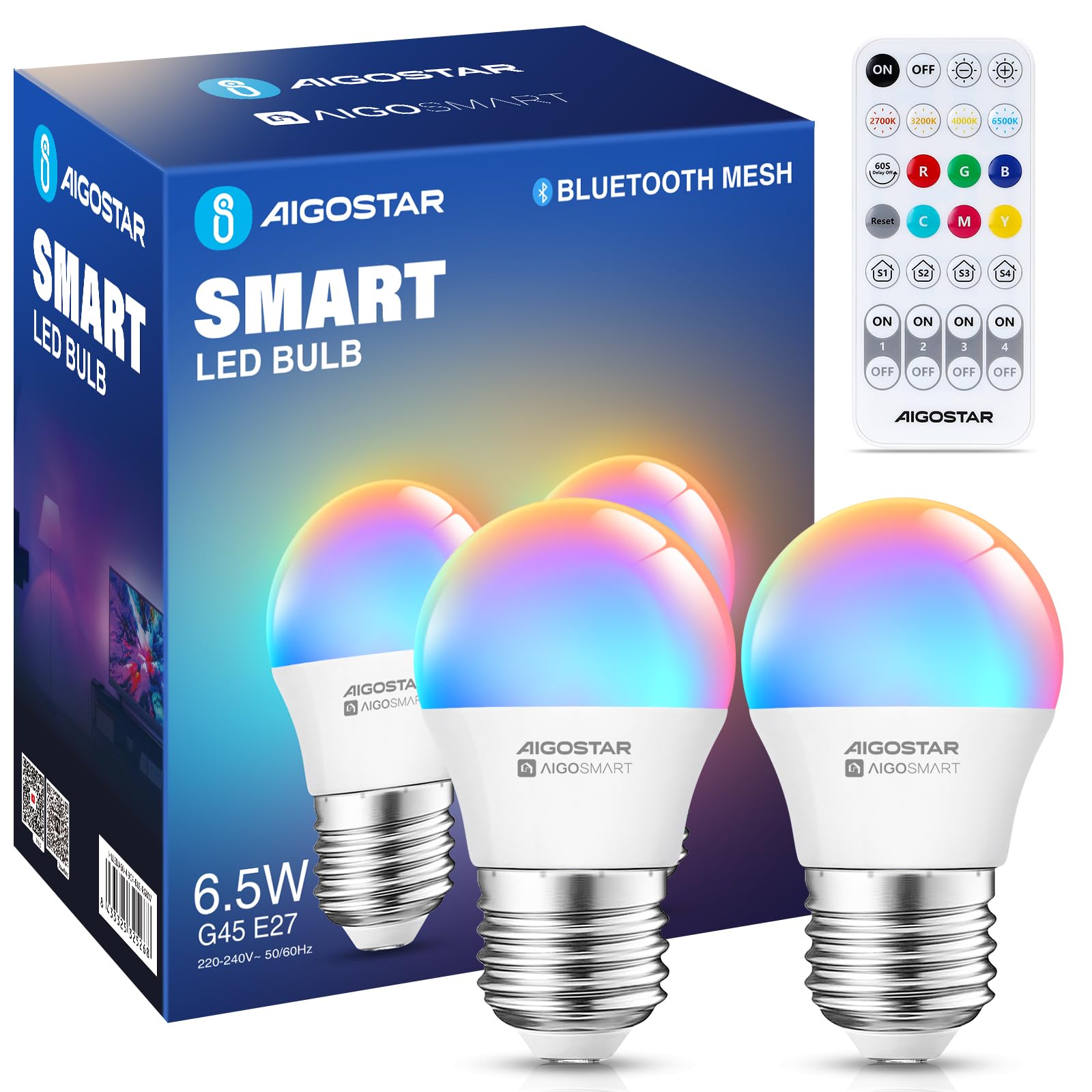 Aigostar Mesh- Bombilla inteligente Bluetooth Mesh, G45. 2700K-6500K y RGB regulable, E14, 6.5W, 555LM. Bombilla LED inteligente compatible con Alexa y Google Home. Incluye mando a distancia. 2Uds