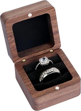 Wooden Engagement Ring Box, Square Wedding RingsBox With 2 Slots, Elegant Retro Personalized Ring Box for Proposal, Wedding, Anniversary, Engagement, Birthday Black
