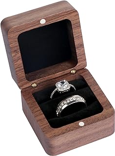 Wooden Engagement Ring Box With 2 Slots, Square Wedding Holder for Proposal, Ceremony (Black Inner Without Window)