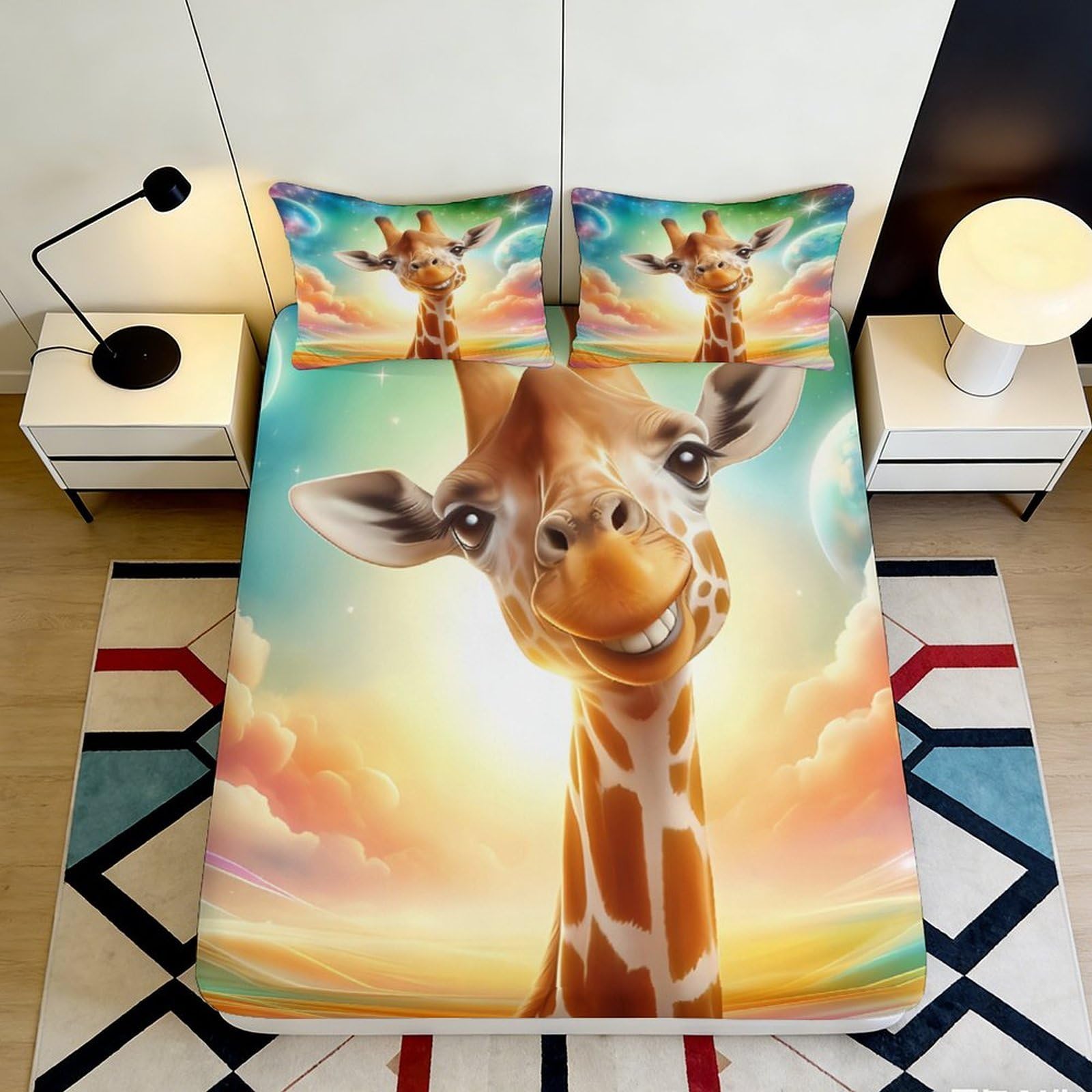 3D Printed Smiling Giraffe Fitted Sheet Microfiber Vibrant Sunset Bed Cover Anti-Slip Washable for Bedroom Guest Room Decor 90x200x25cm