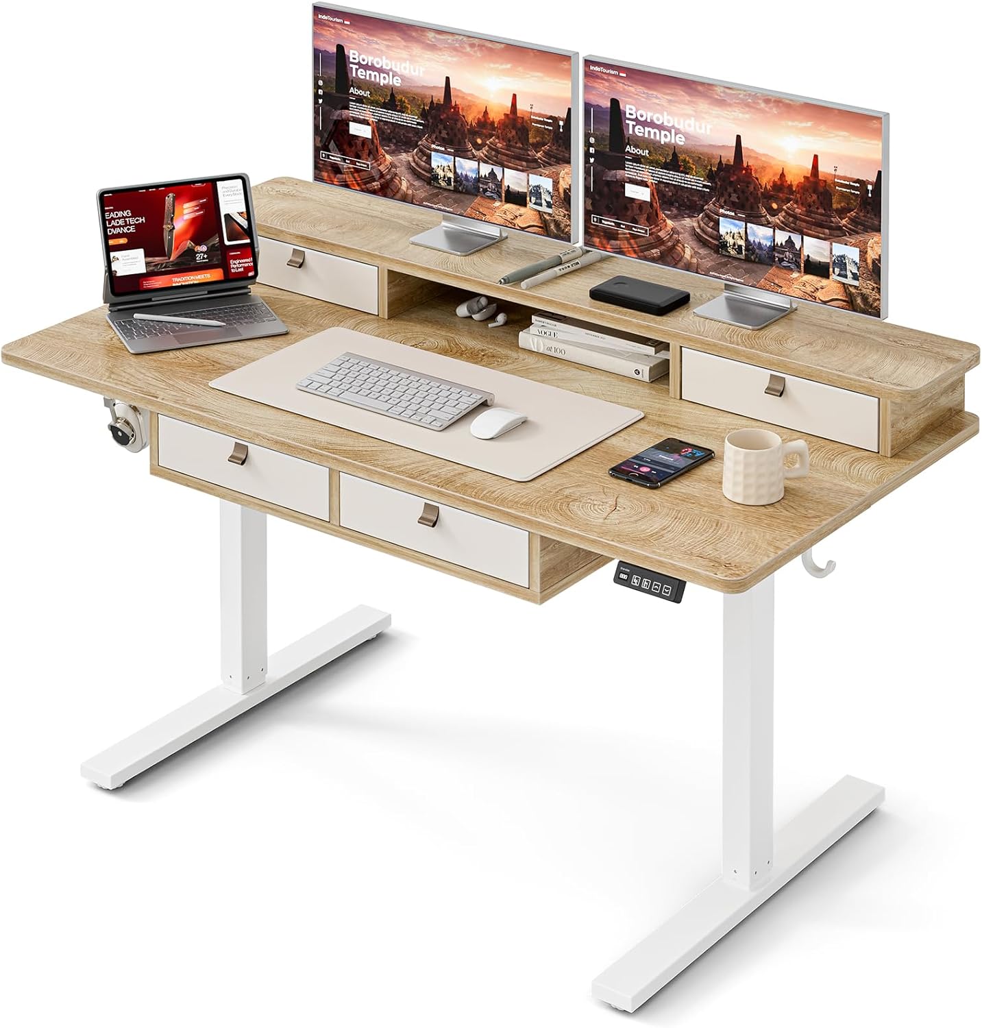 Grandder 55x28 Inch Electric Standing Desk in Oak finish with monitors and laptop