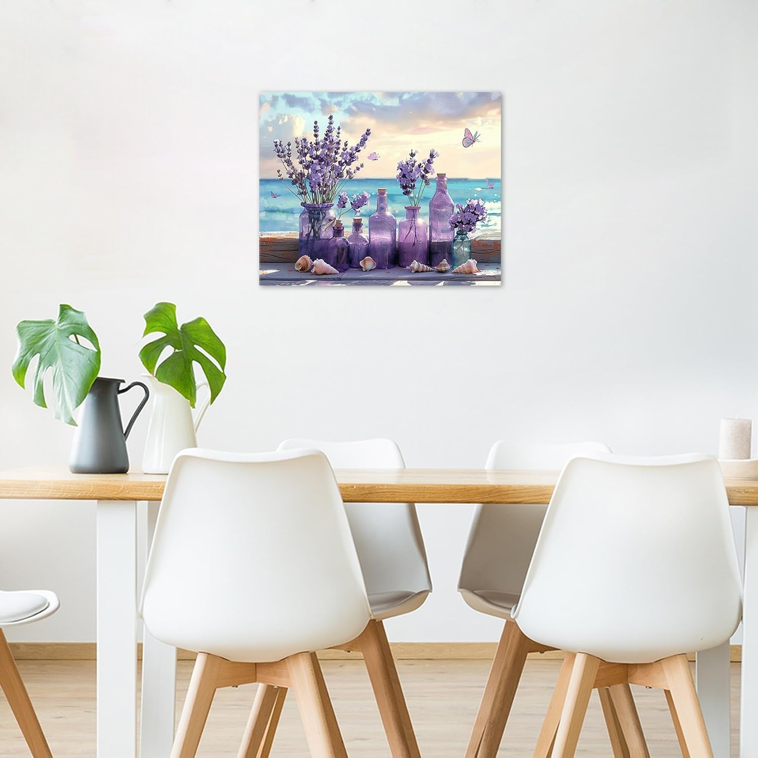 LB Ocean Purple Lavender Wall Art Coastal Beach Purple Flower with Butterfly Canvas Wall Art Blue Sky and White Cloud Wall Decor for Living Room Bedroom Bathroom Office Framed Ready to Hang 16L x 20W