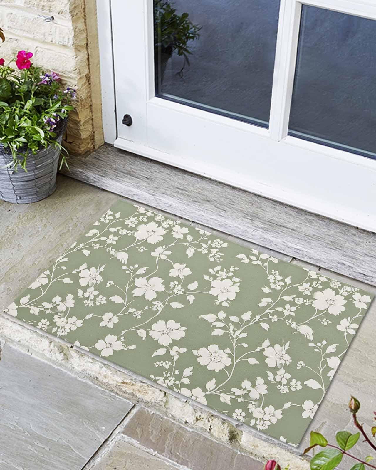 Welcome Doormat Modern Minimalist Wild Flower Non-Slip Front Door Mat Absorbent Bath Mats Abstract Floral on Teal Kitchen