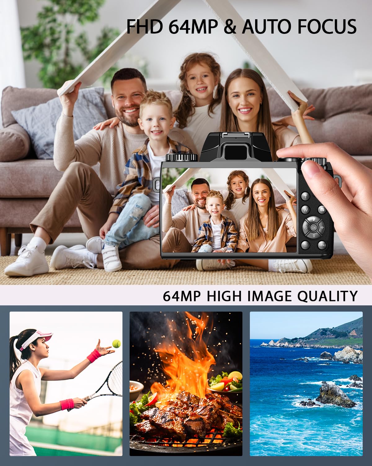 Ade Fotocamera digitale 4K 64MP con touchscreen da 4,0'', fotocamera compatta con zoom digitale 16X per viaggi, vlogging, funzione WiFi, cavo HDMI, borsa per fotocamera, scheda da 32 GB