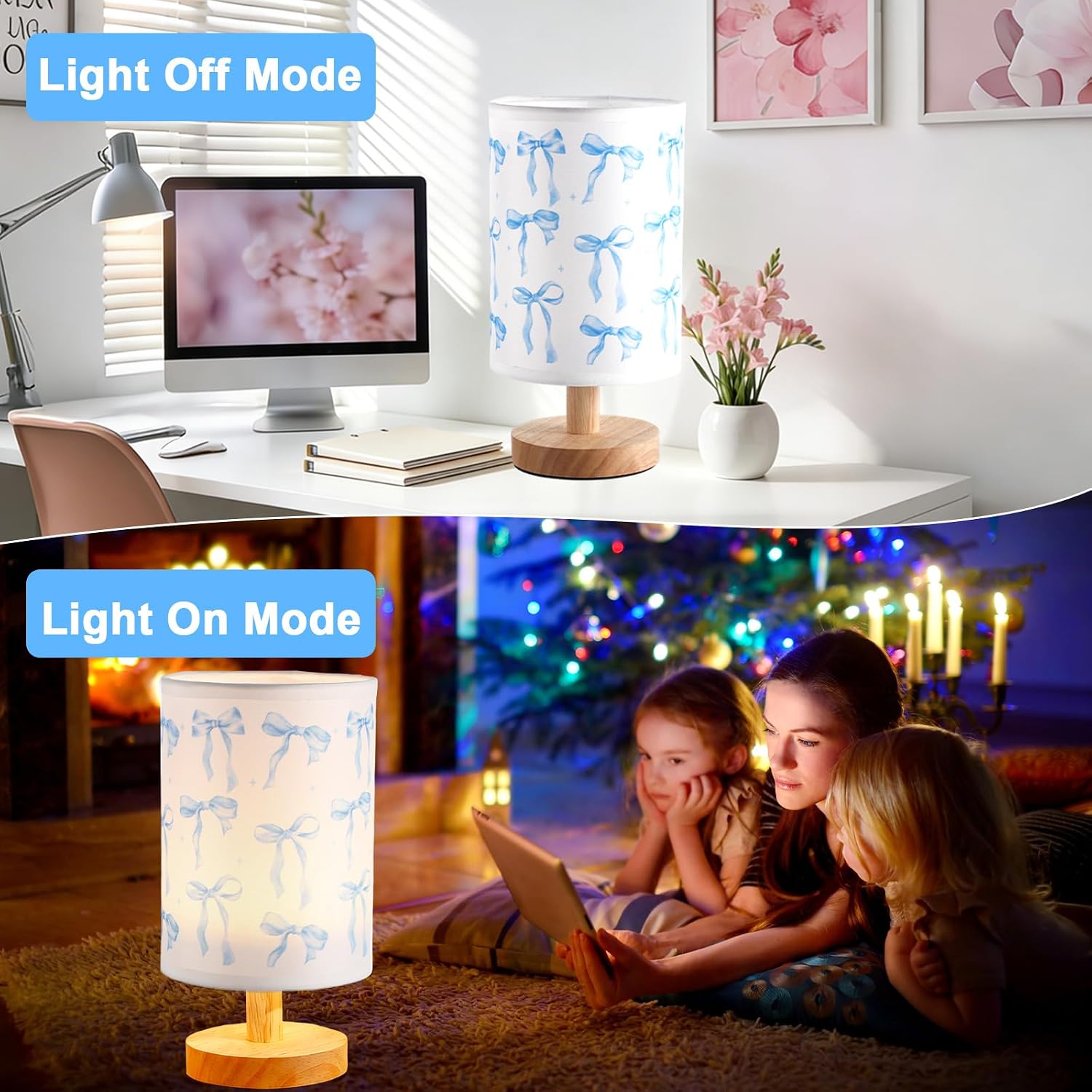 Lonfliness Blue Bow Kids Table Lamp Bedside Lamp Bedroom LED Night Light image 4