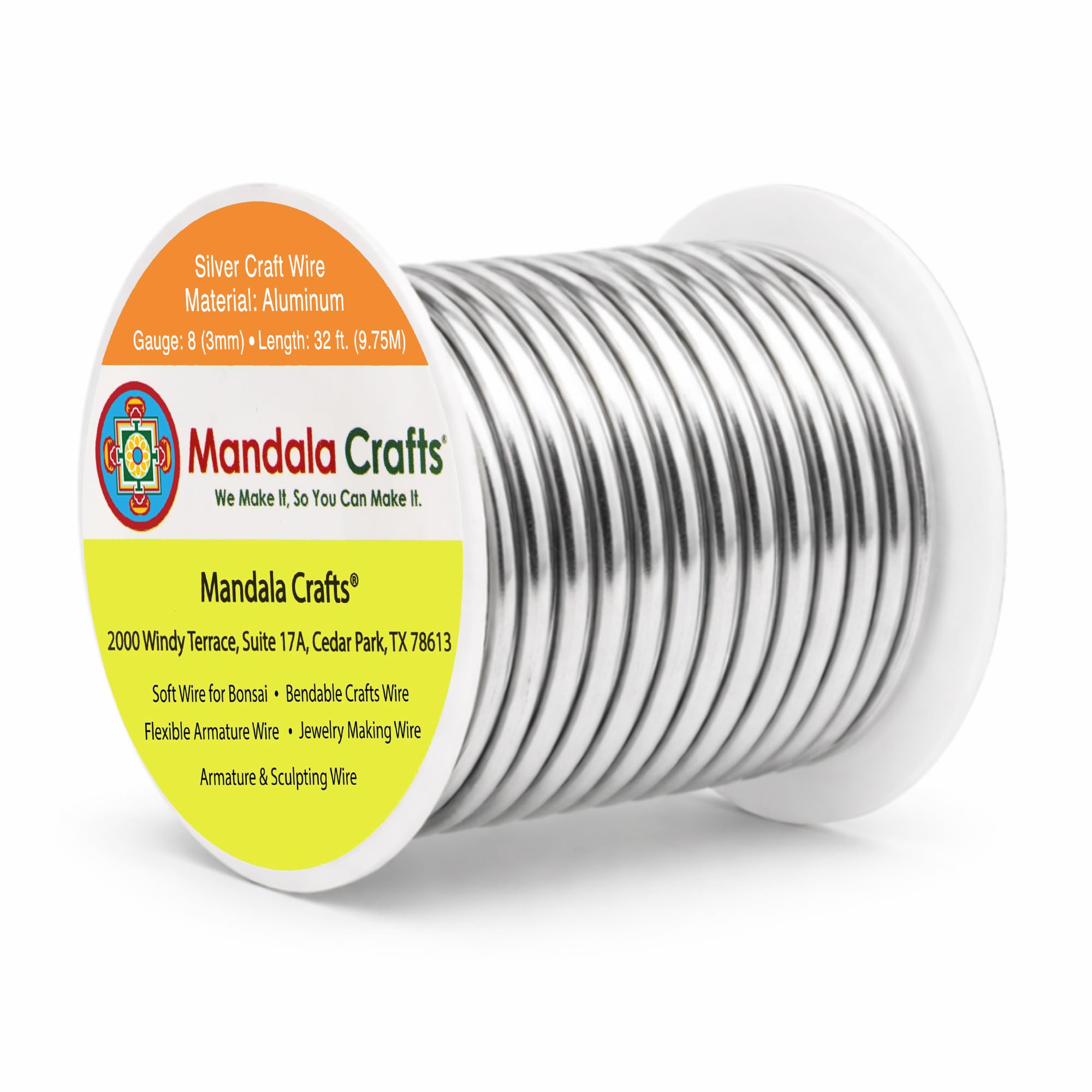 Mandala Crafts 8 Gauge Anodized Aluminum Craft Wire for Jewelry Making - 32 FT Colored Flexible Silver Tone Wire - Bendable for Bonsai Armature Crafting Sculpting