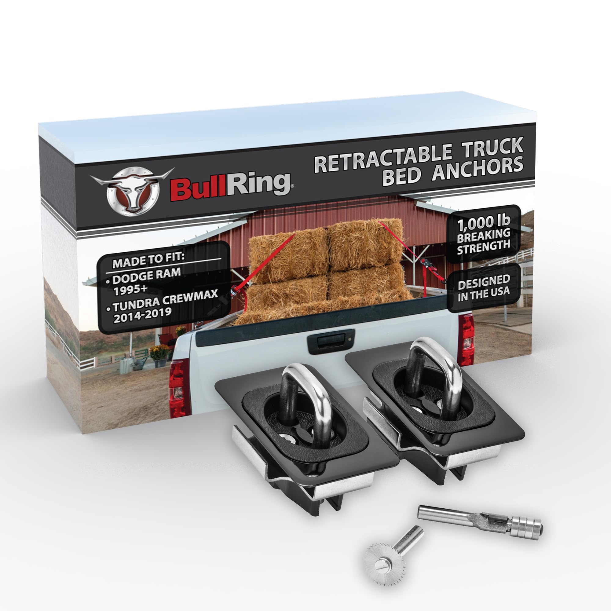 Bull Ring Retractable Flush Fit Truck Bed Tie Down Anchors, Built for 1995+ Dodge Ram & 2014-2019 Tundra Crew Max, Rail Cap Trim Required to Install, 1,000lbs. Rated Capacity (1 Pair)