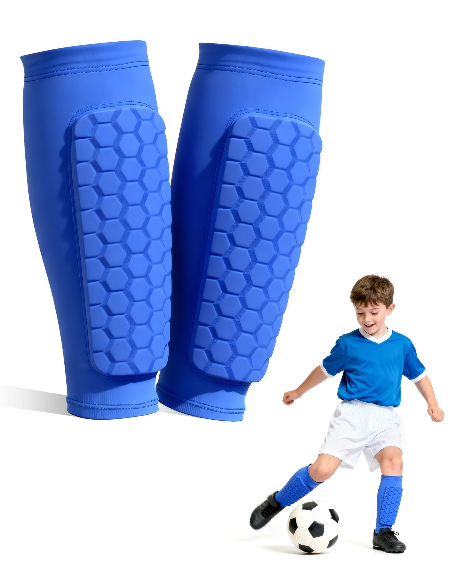 Ouxonix Blue Kids Shin Pads for Football, Boys & Girls Football Shin Guards with Sleeve, Lightweight Slip-in Shin Guards for Ages 8-10 (S), Breathable, Lightweight โ image 1