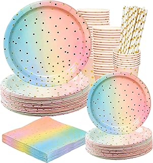 DANXIAN Set de vaisselle jetable de fête - 25 tasses, 25 assiettes de 7 pouces, 25 assiettes de 9 pouces, 25 pailles, 25 serviettes pour fêtes, anniversaires, fêtes de mariage, anniversaire