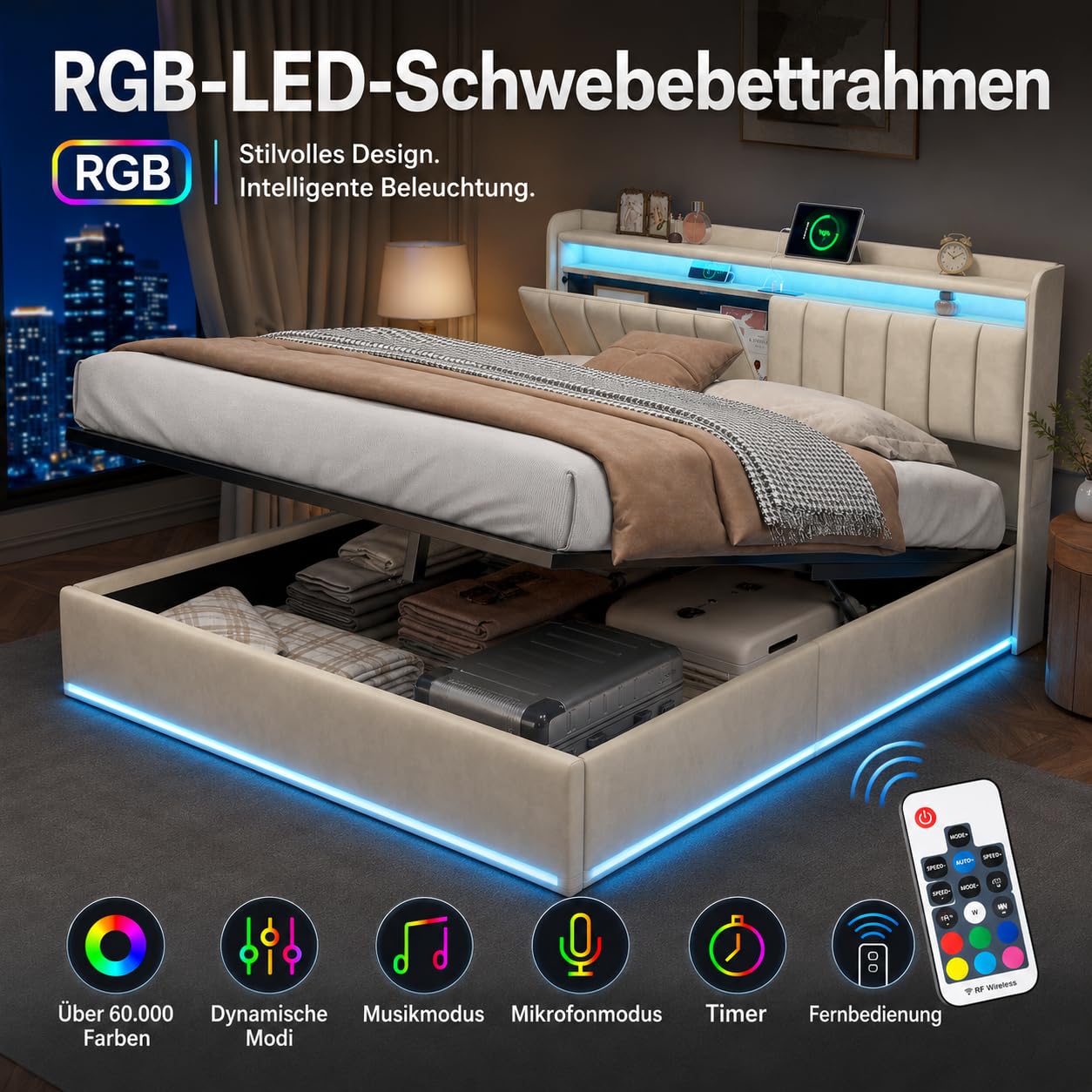 Łóżko tapicerowane 160 x 200 cm, łóżko hydrauliczne z diodami LED i stacją ładującą USB, rama łóżka z stelażem z listew i zagłówkiem, łóżko małżeńskie dla chłopców bez materaca (beżowe + A, 160 x 200