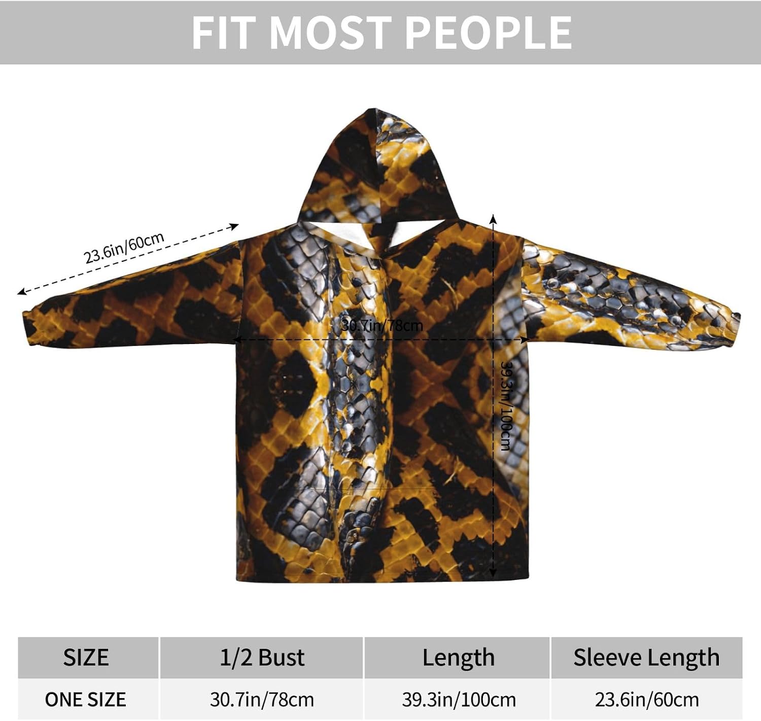 Yellow Snakeprint Oversized Hoodie Blanket, Super Soft Warm Comfortable Hoodie, Wearable Blanket Adult