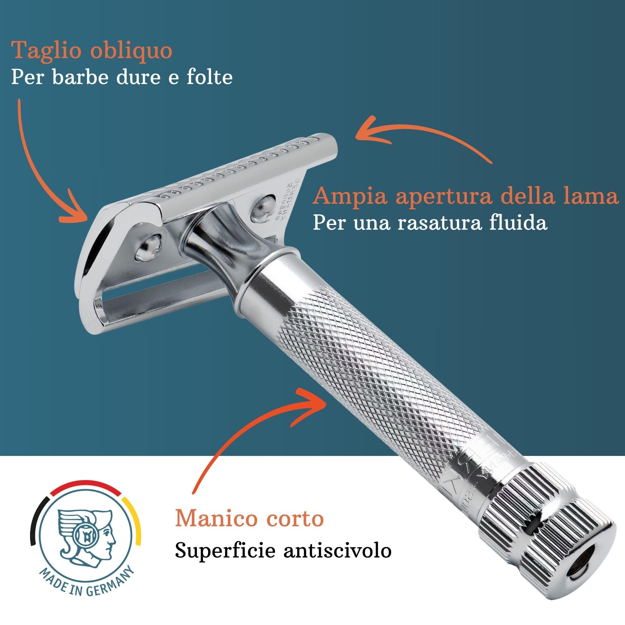 MERKUR 37C Rasoio di sicurezza a taglio obliquo – Finitura cromata lucida, pettine chiuso, rasatura tradizionale – Made in Germany