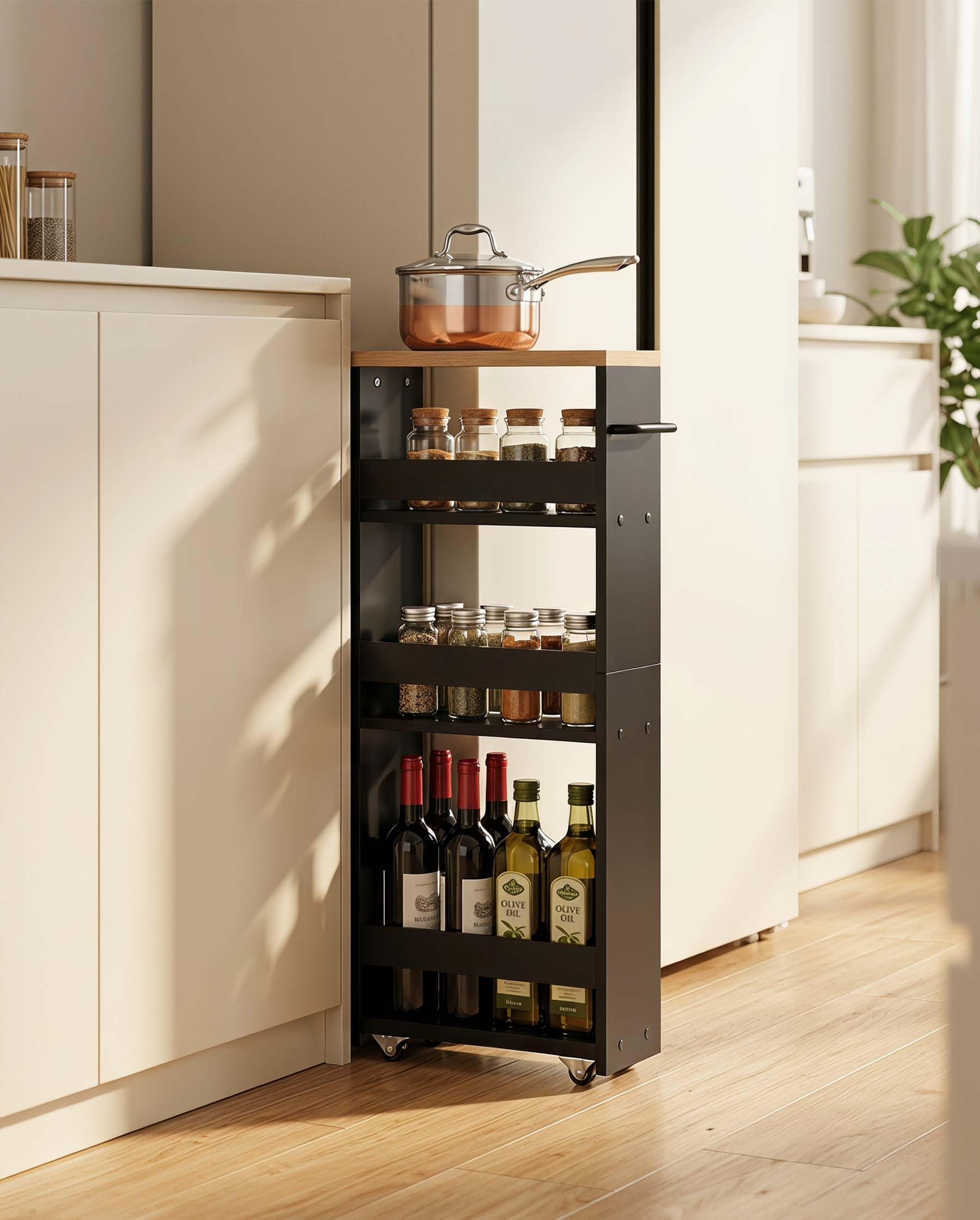 Carrito de Cocina Estrecho de 14 cm con Asa, Carrito Auxiliar con Ruedas de 4 Niveles, Carro de Almacenaje para Cocina, Salón y Despacho, Negro y Roble, 40 × 14 × 80 cm