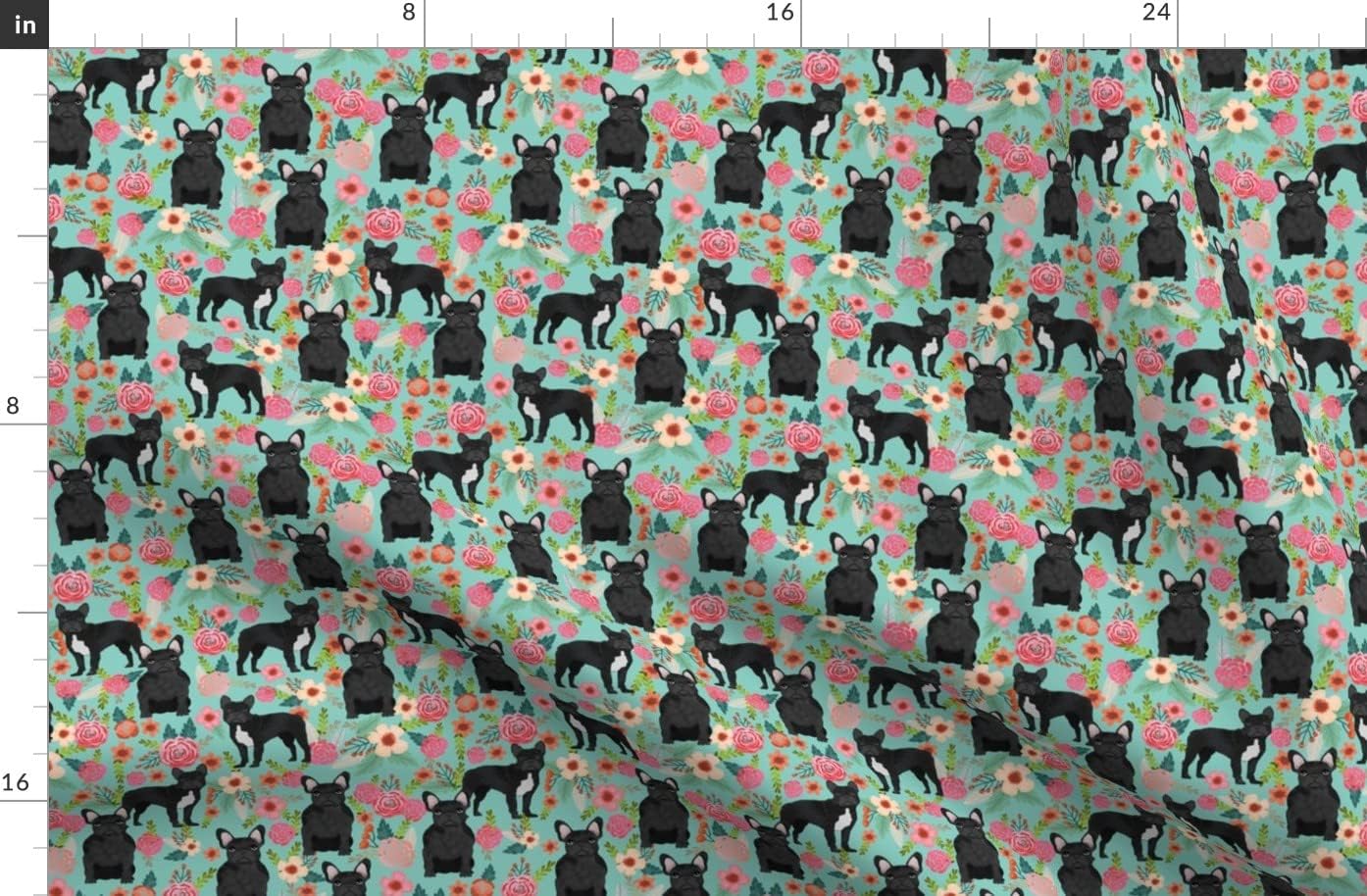 Spoonflower Fabric - French Bulldog Floral Black Frenchie Dogs Summer Flowers Aqua Pet Printed on Organic Cotton Sateen Fabric by The Yard - Sewing Quilting Apparel Home Decor