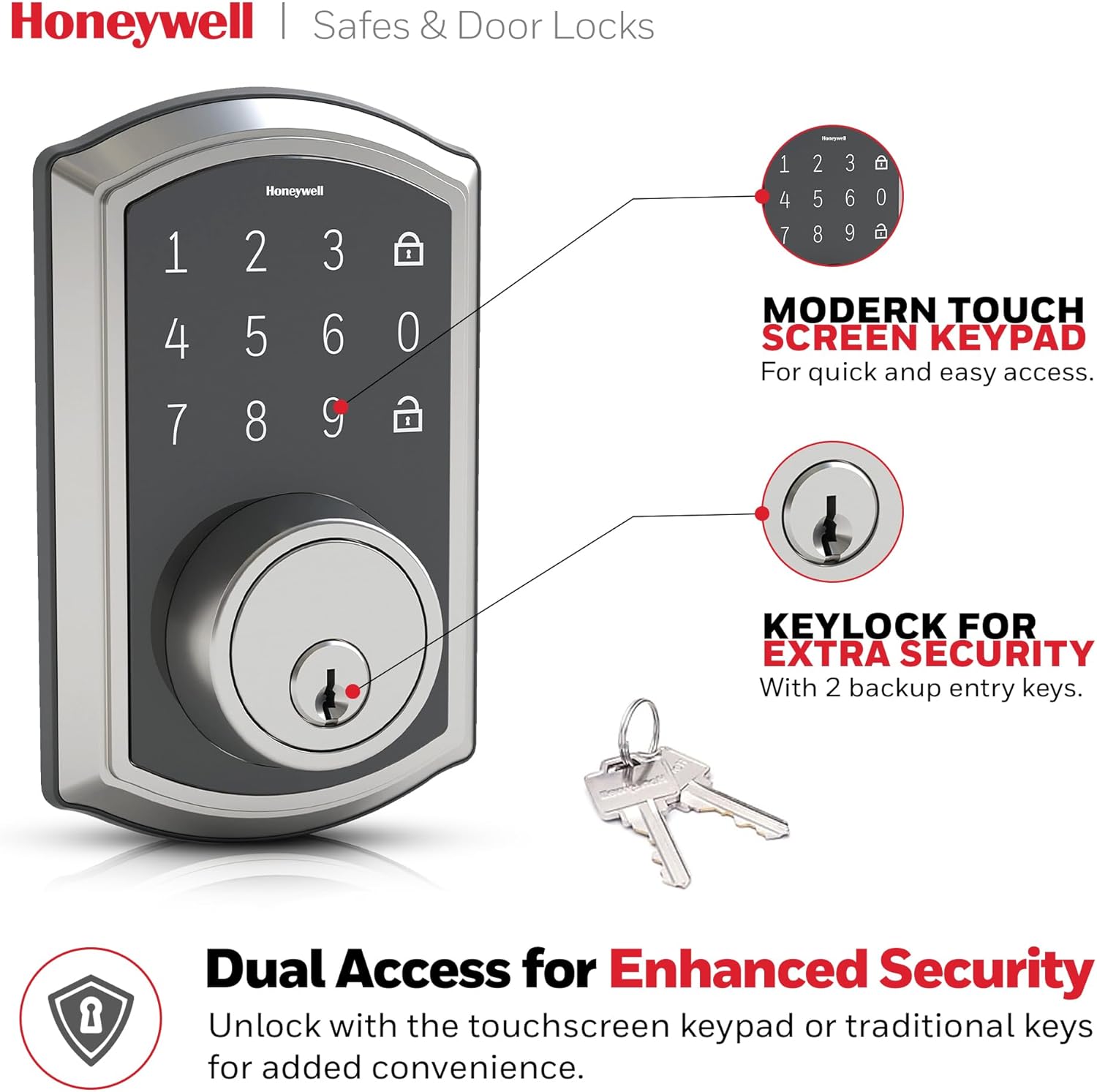 A person installing the Honeywell Keyless Entry Door Lock on a white door using a Phillips screwdriver.