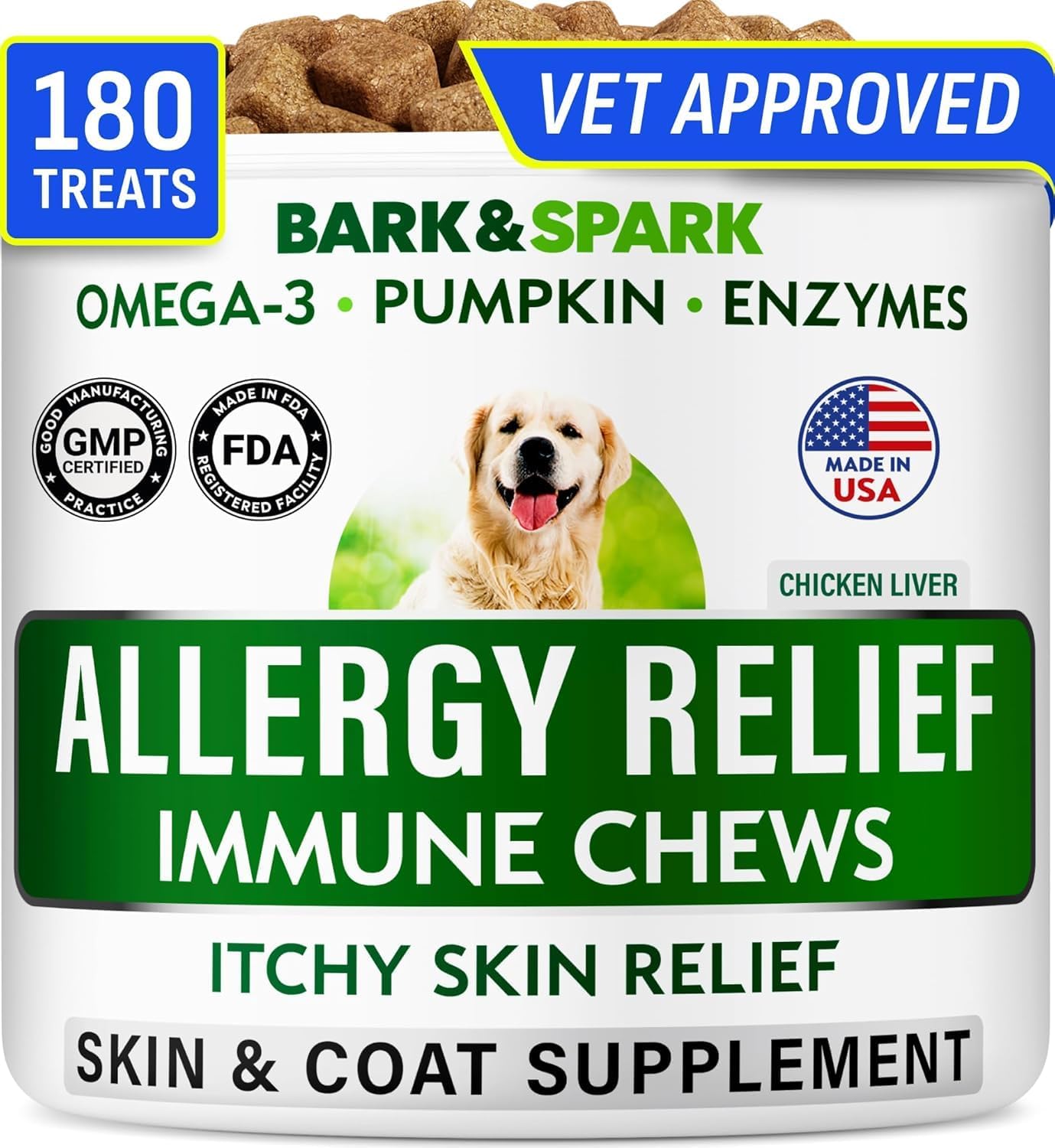 BARK&SPARK Dog Allergy Relief Soft Chews for Skin Health & Seasonal Allergies - Anti-Itch Supplement w/Omega-3, Quercetin & Bromelain Immune Treats for Dry Skin & Hot Spots - Chicken Liver - 180ct