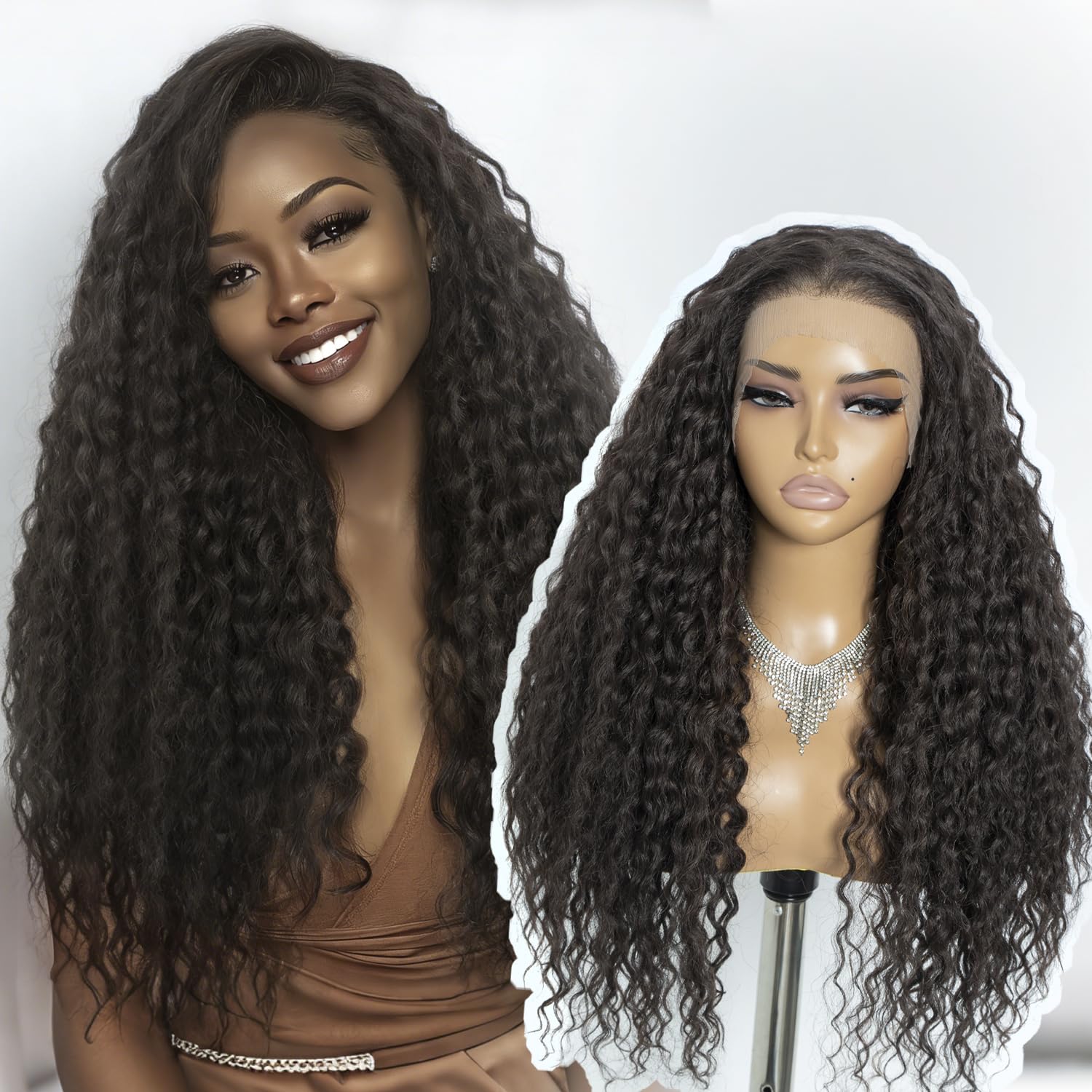 Joedir 26" Long Curly Lace Frontal Wig 13x6 Glueless HD Wigs Pre Plucked Natural Hairline Loose Deep Wave High Temperature Synthetic Wigs For Women(Dark Brown Color/Dark Chocolate)