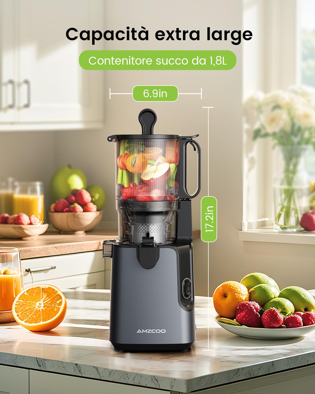Slow Juicer, spremiagrumi da 130 mm e contenitore da 1,8 l, spremiagrumi a freddo per frutta e verdura intera, facile da installare e pulire, senza BPA