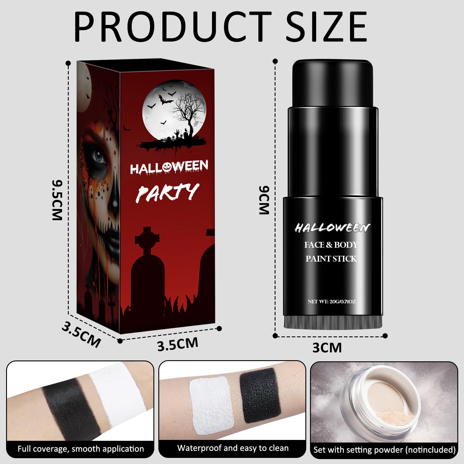 Set Trucco Halloween Bianco E Nero - 100g (50g + 50g) Con 2 Pennelli, Per Body Painting, Zombie, Vampiri, Carnevale