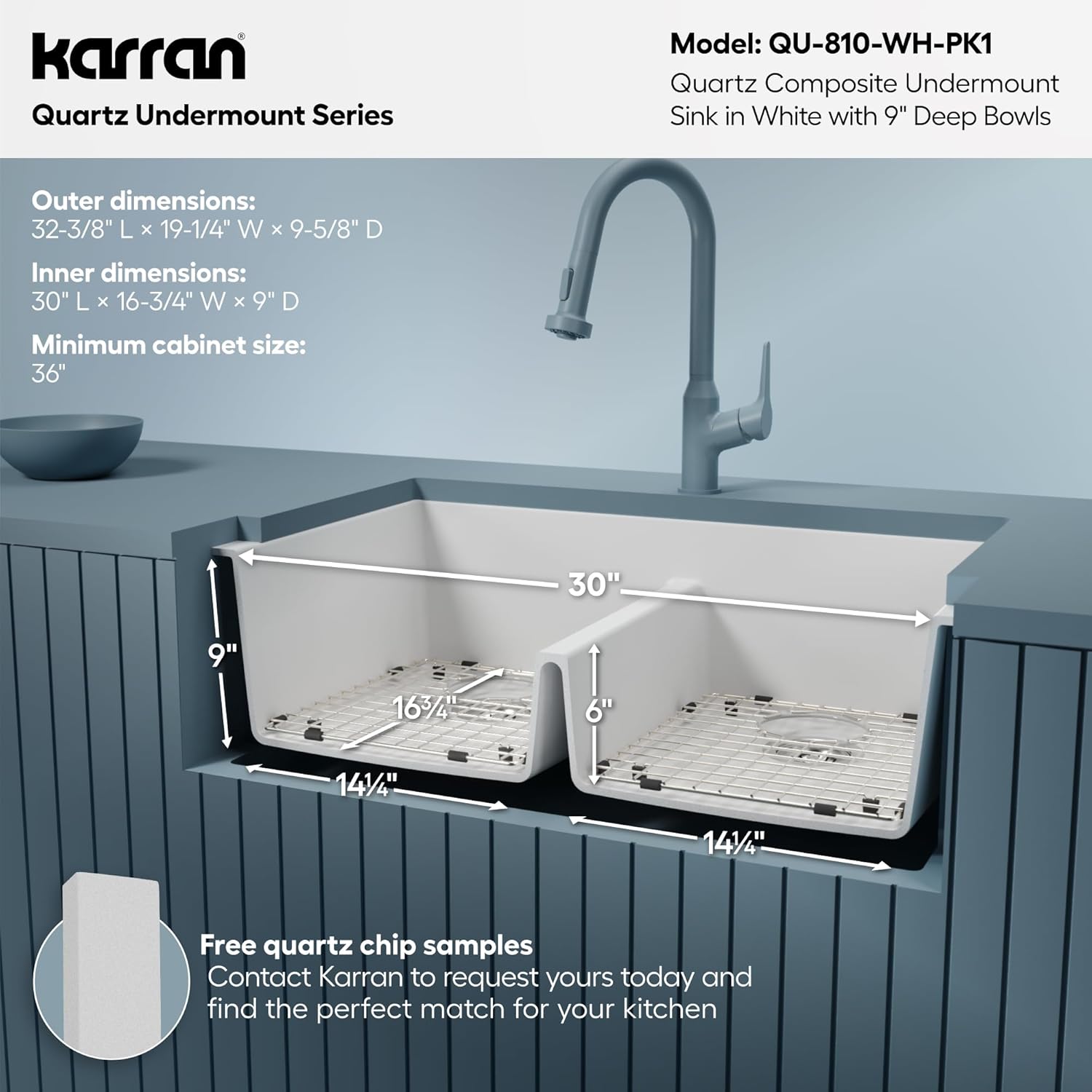 Karran QU-810 32" Undermount Double Bowl Quartz Kitchen Sink Kit, White Composite, Equal Bowls, Scratch Resistant, Heat Safe, Noise Reducing, Includes Grids & Strainers