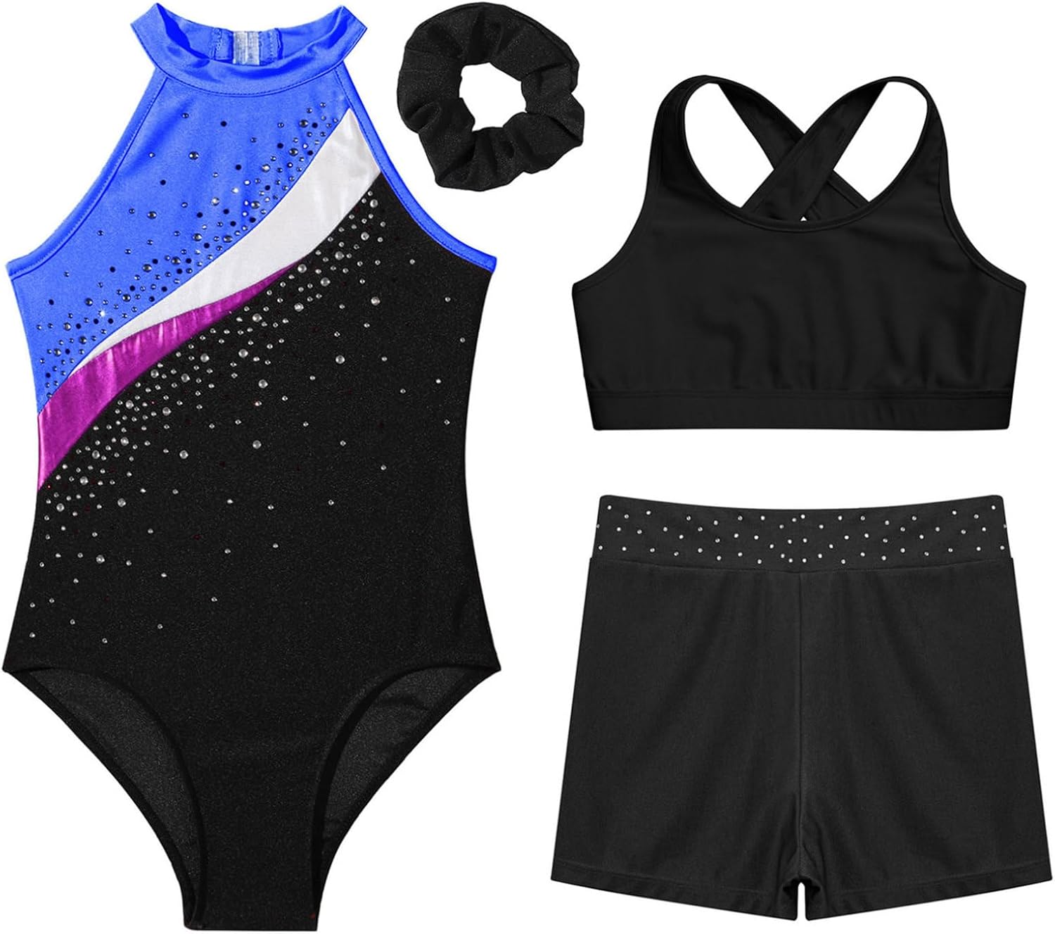 YiZYiF Leotards for Girls Gymnastics with Shorts Dance Unitards Tumbling Outfit Matching Hair Scrunchie