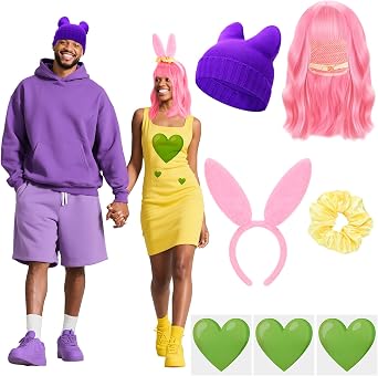 7 Pcs Couples Halloween Costume Set - Purple Beanie Bunny Ears Pink Wig Yellow Hair Band and 3 Pcs Heart Green Iron-on Patches Hairnet Chefs Apprentice Pink Bunny Cartoon Party Cosplay