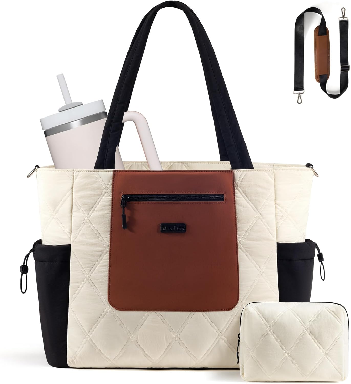 Waookely Puffer Tote Bags for Women, Quilted Puffy Laptop Bag with Luggage Sleeve & Cup Holder for Travel Work Teacher Nurse