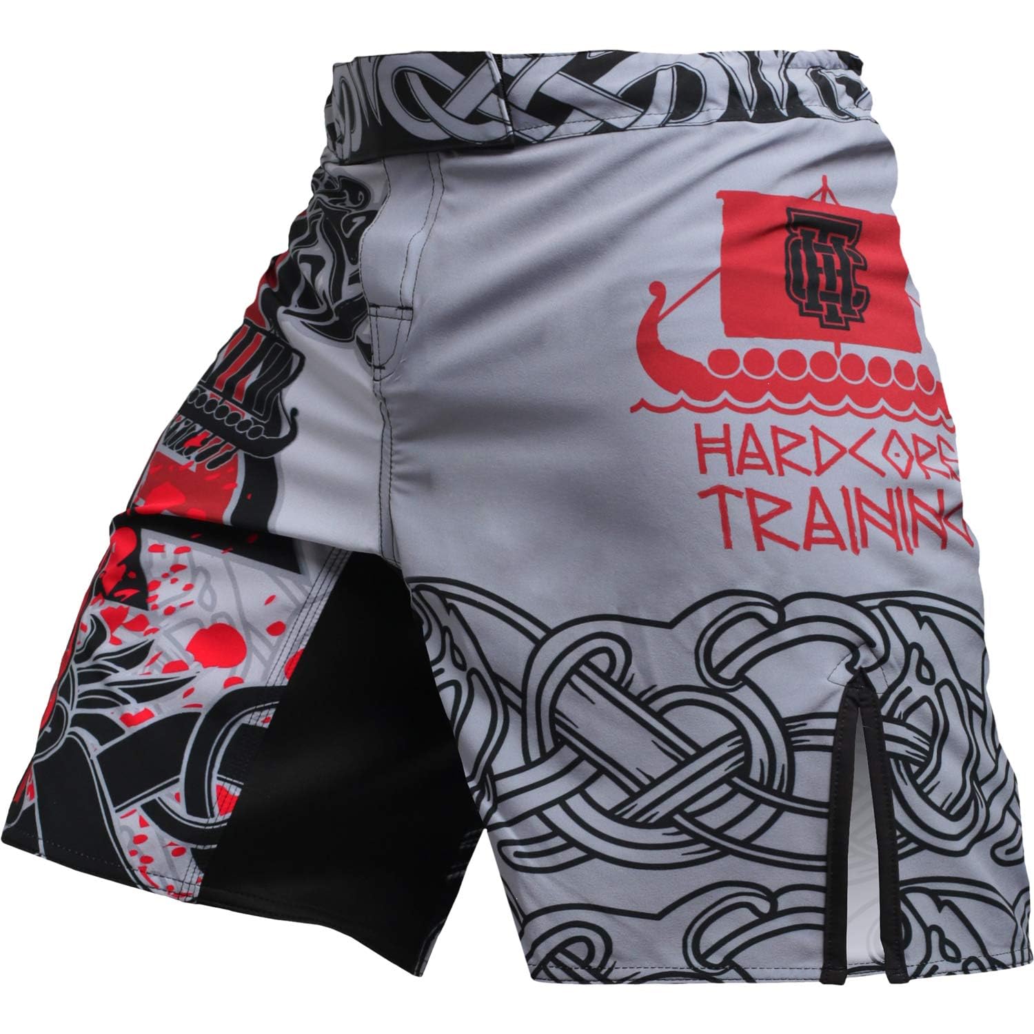 Hardcore Training Fight Shorts Boks Męski Szorty do Walki MMA Combat BJJ Grappling Fitness Muay Thai Kickboxing No Gi (DE/NL/SE/PL, Alfa, M, Regularny, Regularny, Szary)