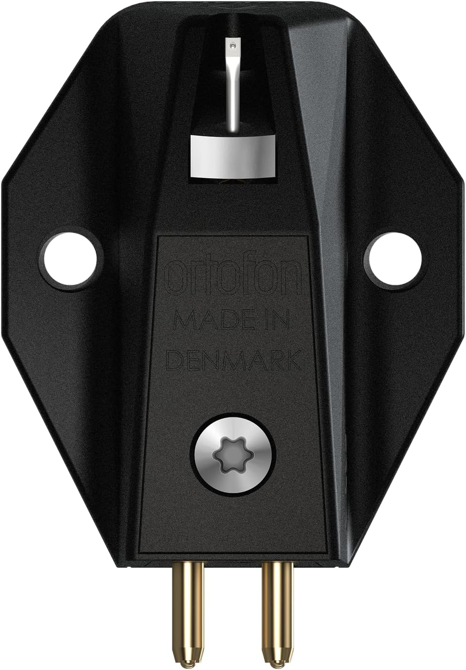 Puncak view of the Ortofon MC X10 cartridge showing mounting holes and connection pins.