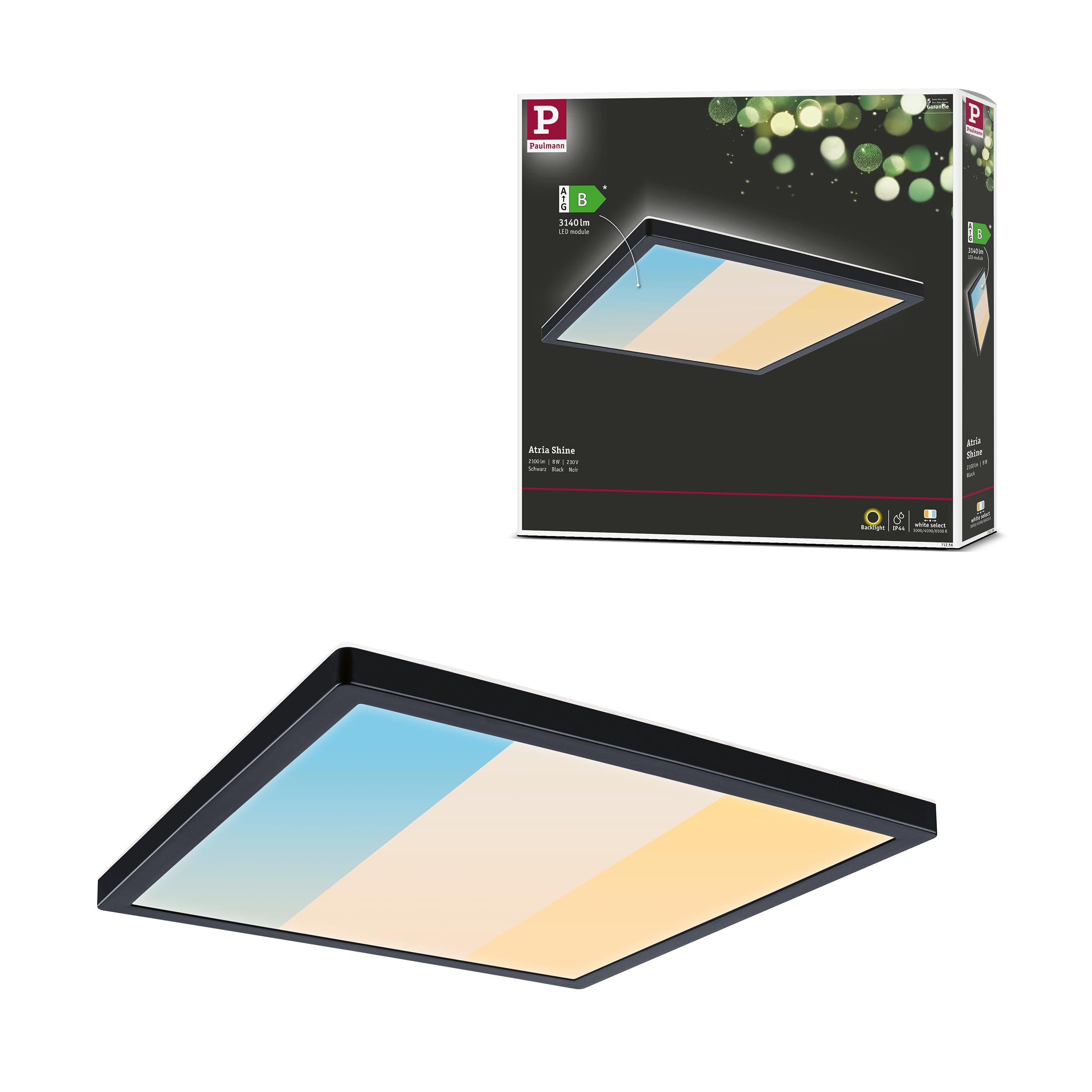 Paulmann 71256 LED Panel Atria Shine IP44 Square mm 15,7W 2100lm 3000-6500K Black