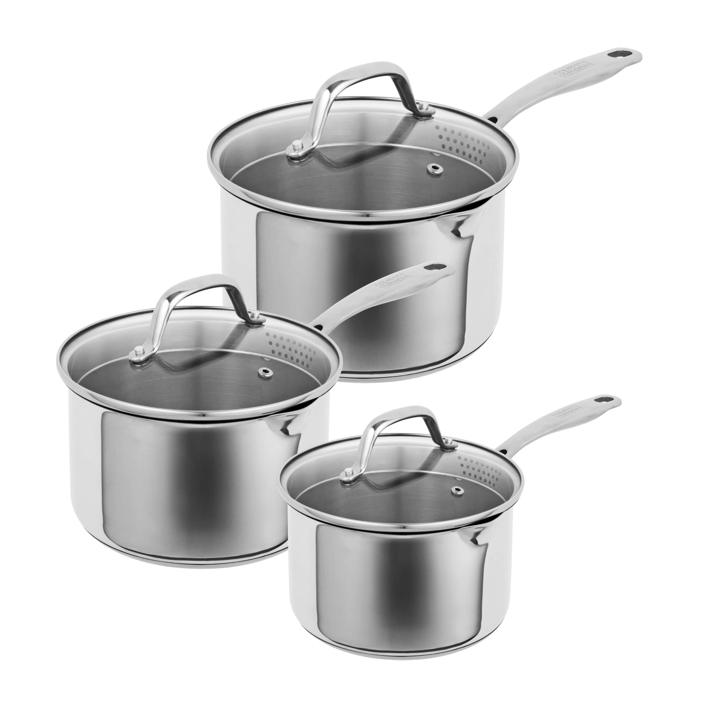 Kuhn Rikon Saucepan With Draining Lid 3‑Piece Saucepan Set 1.9L/16Cm, 2.7L/18Cm, 3.7L/20Cm, Stainless Steel Uncoated Pans With Glass Draining Lids & Easy Pour Spouts. Oven & Dishwasher Safe Induction Pans - Allround Plus