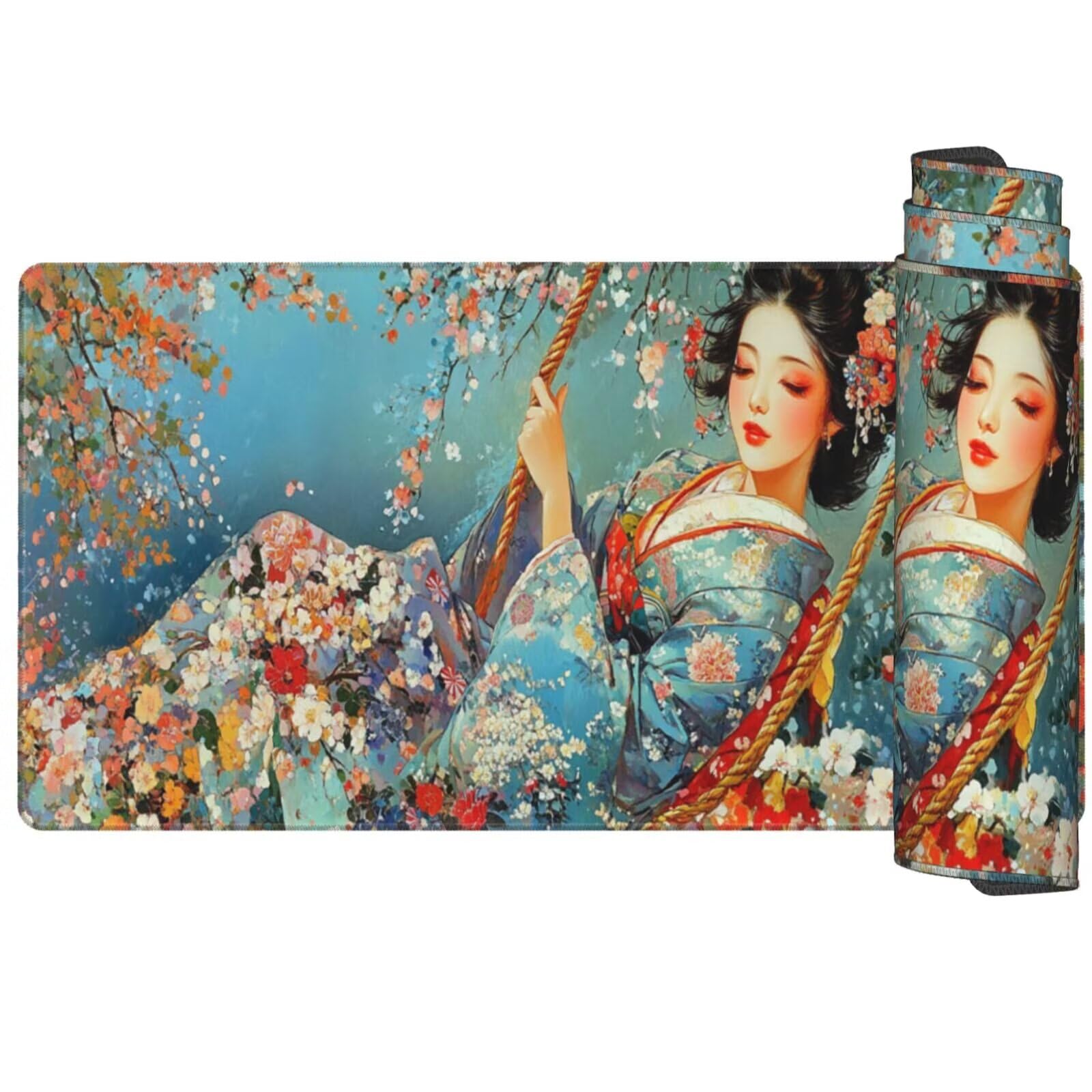 Alfombrilla Ratón Mujer Japonesa Alfombrilla Ratón XXL 1600 x 800 mm, Flor Mouse Pad Gaming con Bordes Cosidos, Base de Goma Antideslizante Duradera, Mouse Pad para Oficina Accesorios Escritorio Q880