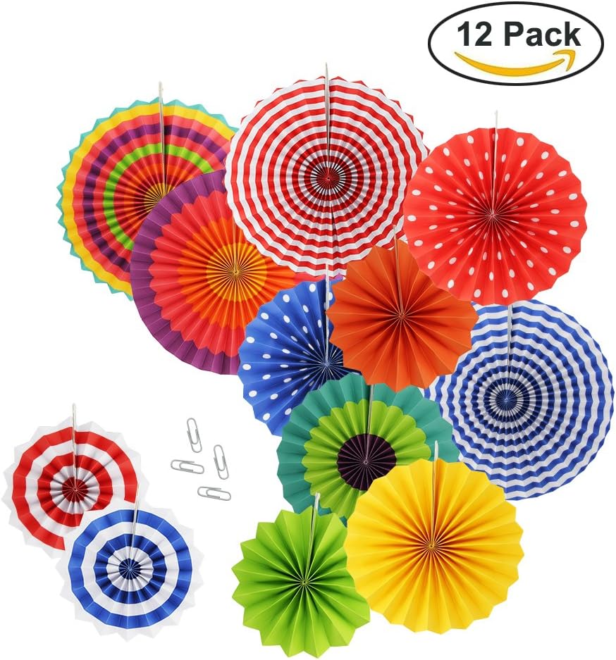 Zilong 12 Pack Hanging Paper Fan Decorations Foldable Colorful Paper Fan Flower with Paperclips For Festival Party Wedding Home Decor and Shop Window Classroom Decorations Display