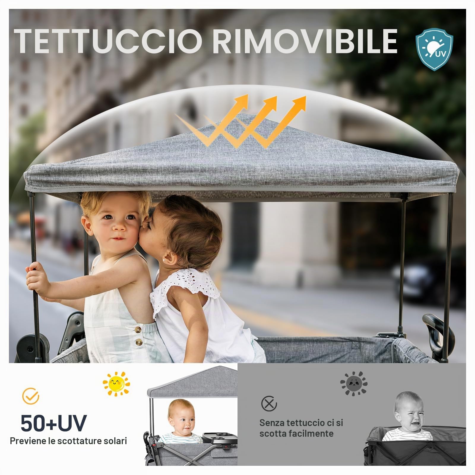 EVER ADVANCED Passeggino pieghevole per bambini con tetto, cintura di sicurezza 2x5 punti, carrello di trasporto con zaino, freno a pedale, capacità 50KG