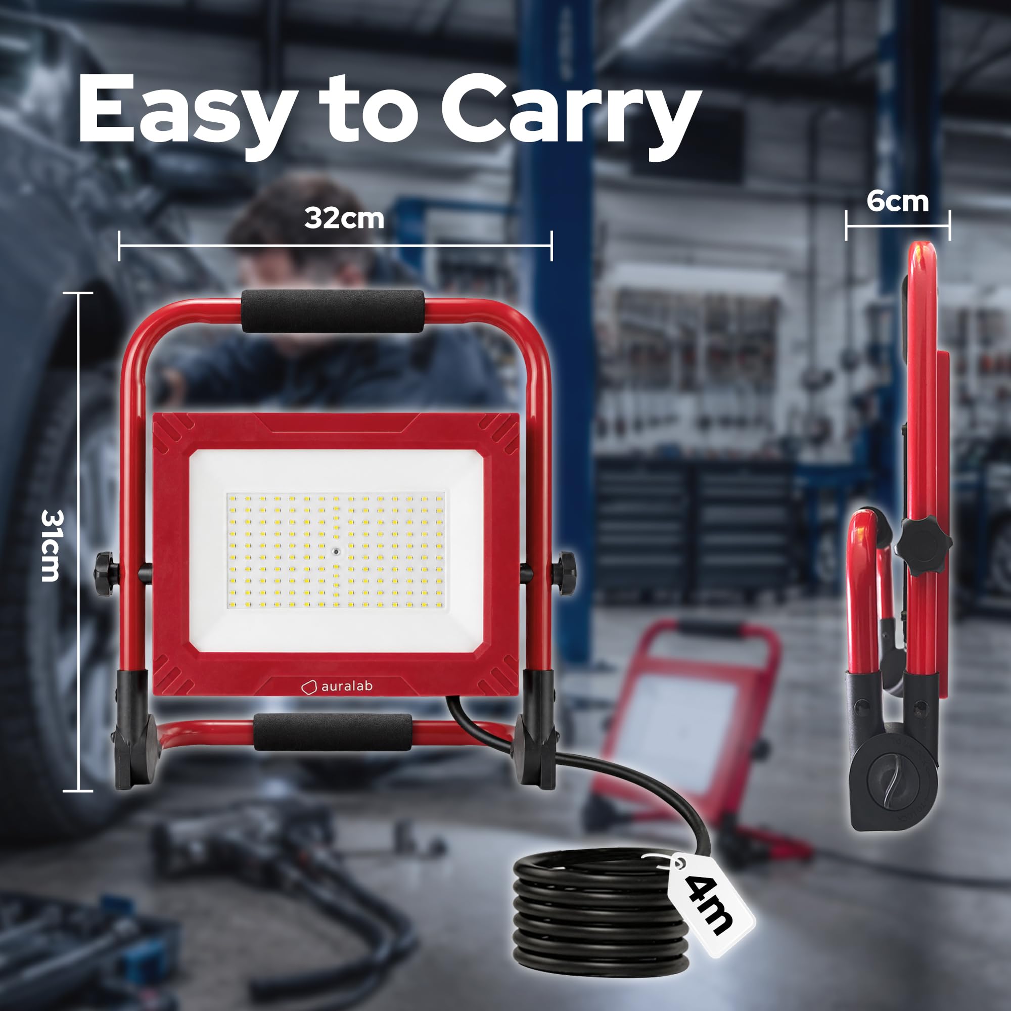 auralab Projecteur LED Chantier 150W avec Interrupteur, 15000LM Lampe de Travail Portable avec Câble 4m, Projecteur Étanche IP65 avec Support, Lumière de Chantier 6500K pour Garage, Atelier, Camping