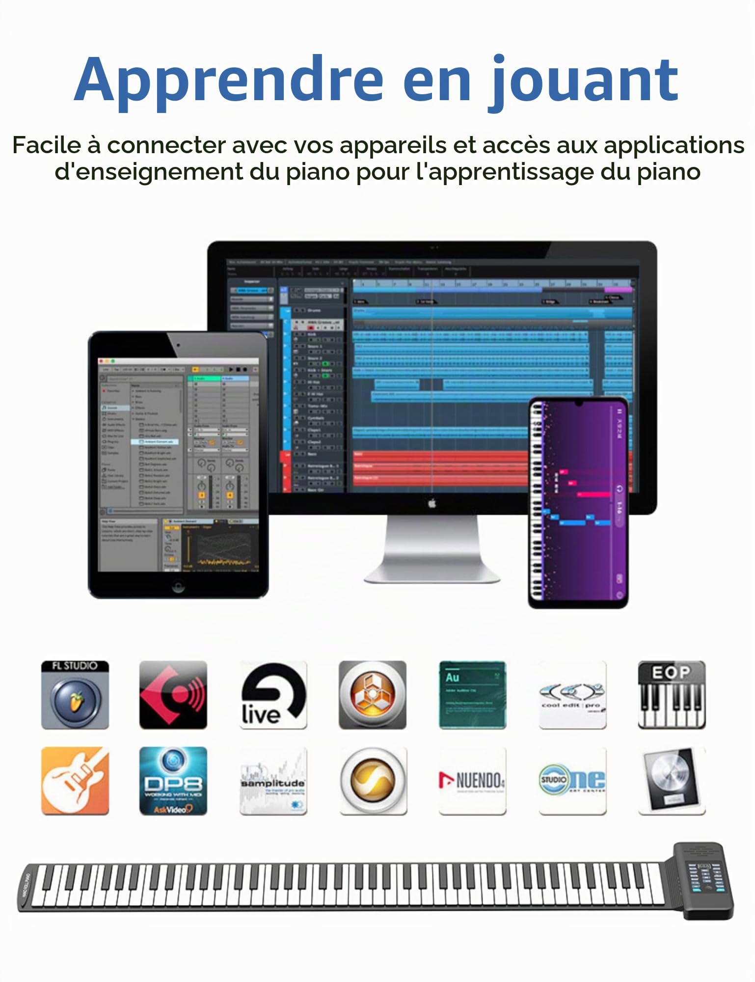 Piano Enroulable 88 Touches, Clavier de Piano électrique Rechargeable avec 128 Tonalités et Haut-parleur Intégré, Fonction MIDI Bluetooth, Piano électrique Portable(Le noir)